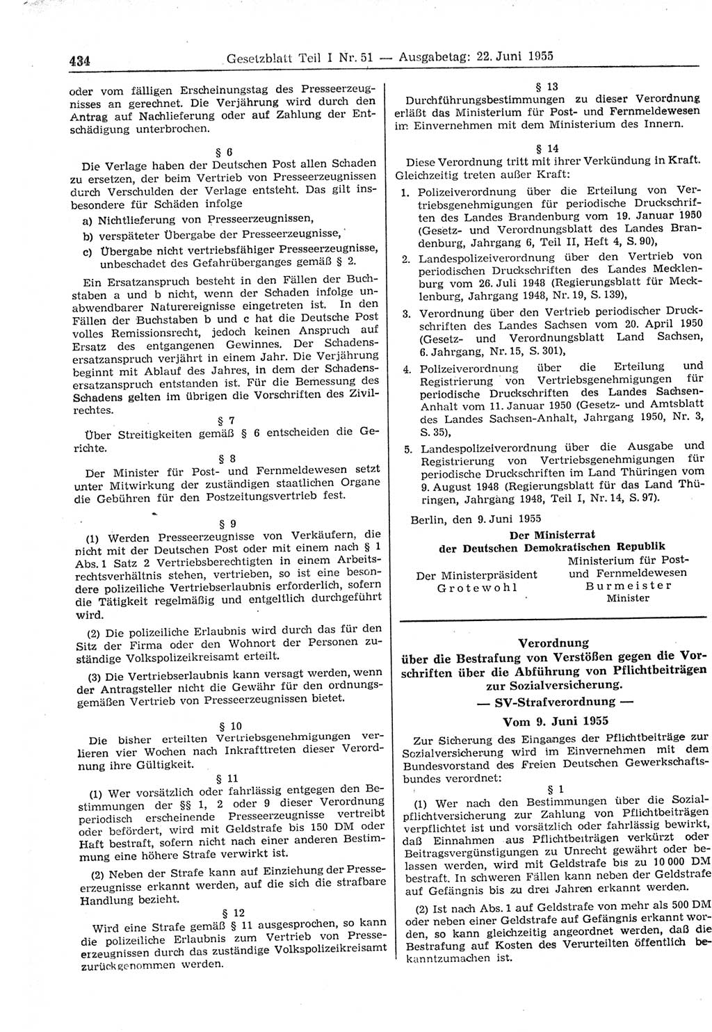 Gesetzblatt (GBl.) der Deutschen Demokratischen Republik (DDR) Teil Ⅰ 1955, Seite 434 (GBl. DDR Ⅰ 1955, S. 434)