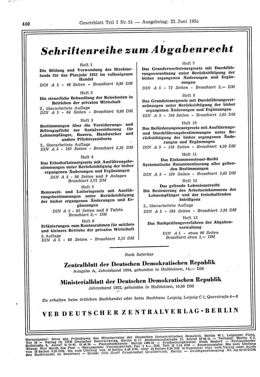 Gesetzblatt (GBl.) der Deutschen Demokratischen Republik (DDR) Teil Ⅰ 1955, Seite 440 (GBl. DDR Ⅰ 1955, S. 440)