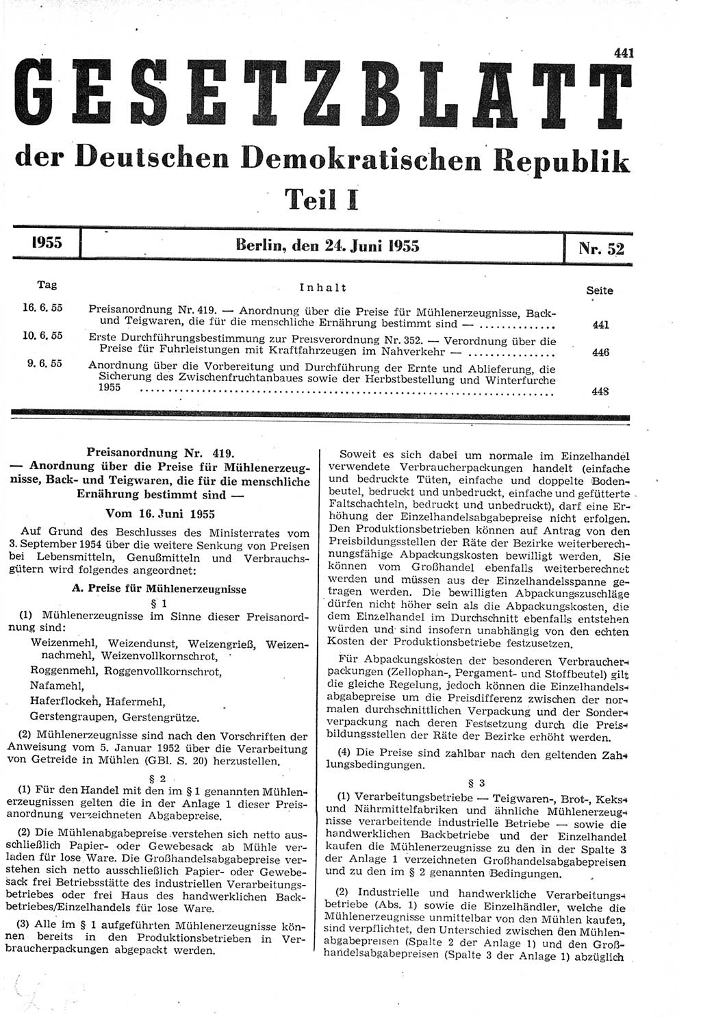 Gesetzblatt (GBl.) der Deutschen Demokratischen Republik (DDR) Teil Ⅰ 1955, Seite 441 (GBl. DDR Ⅰ 1955, S. 441)