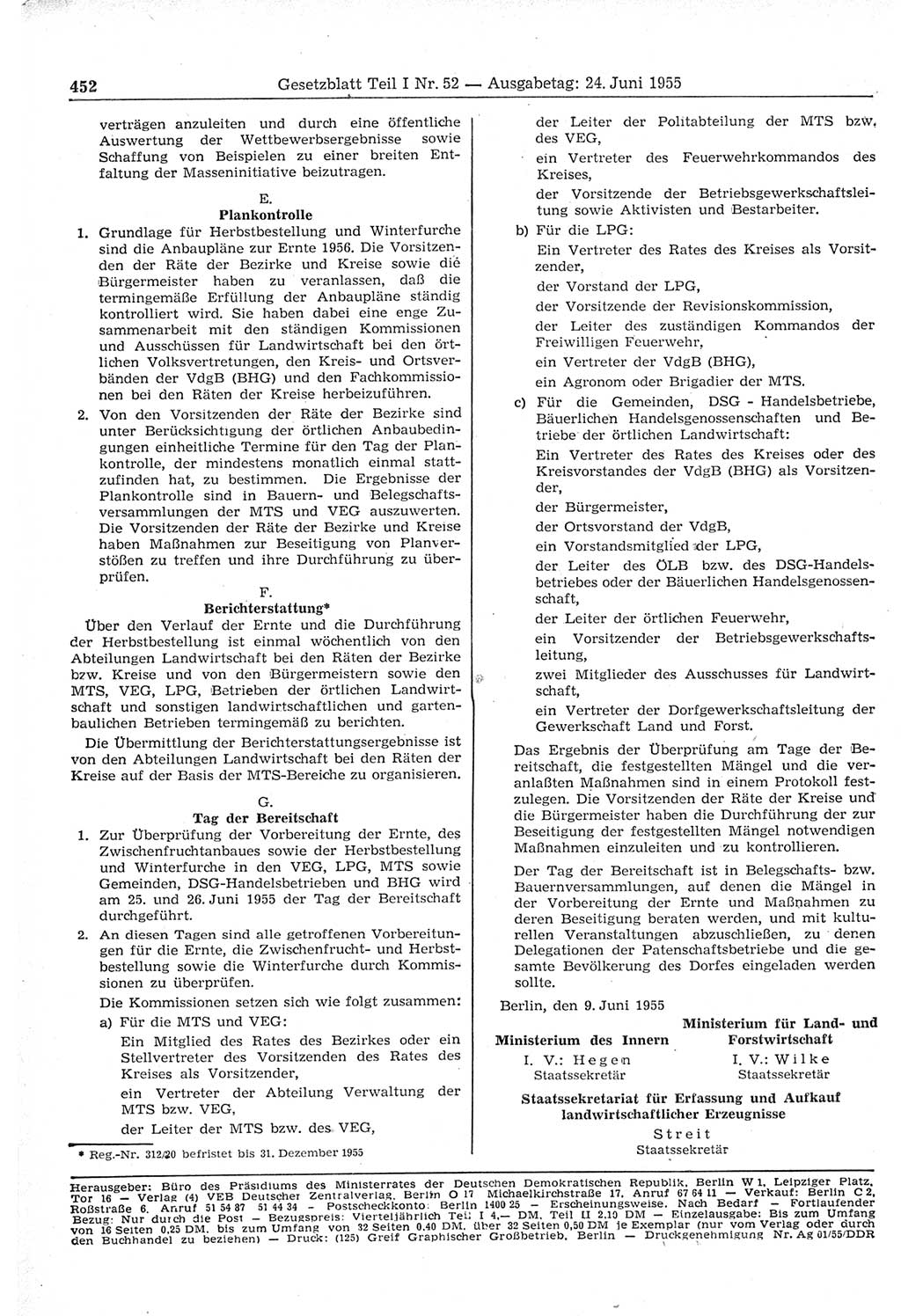 Gesetzblatt (GBl.) der Deutschen Demokratischen Republik (DDR) Teil Ⅰ 1955, Seite 452 (GBl. DDR Ⅰ 1955, S. 452)