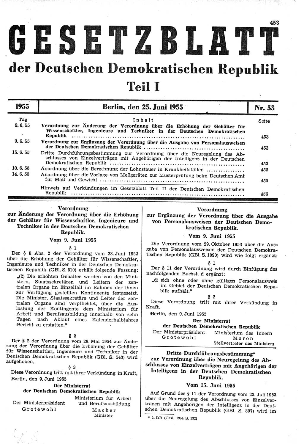 Gesetzblatt (GBl.) der Deutschen Demokratischen Republik (DDR) Teil Ⅰ 1955, Seite 453 (GBl. DDR Ⅰ 1955, S. 453)