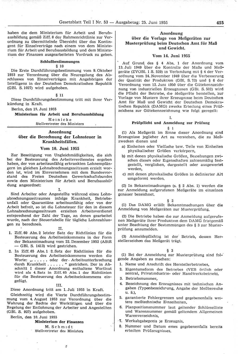 Gesetzblatt (GBl.) der Deutschen Demokratischen Republik (DDR) Teil Ⅰ 1955, Seite 455 (GBl. DDR Ⅰ 1955, S. 455)
