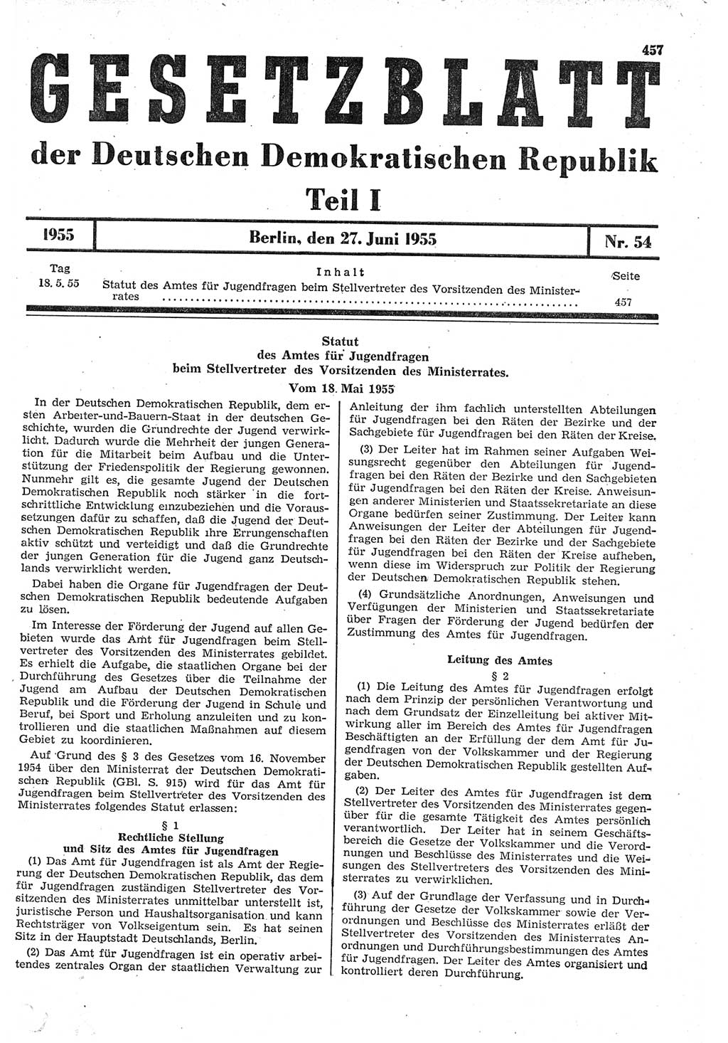 Gesetzblatt (GBl.) der Deutschen Demokratischen Republik (DDR) Teil Ⅰ 1955, Seite 457 (GBl. DDR Ⅰ 1955, S. 457)