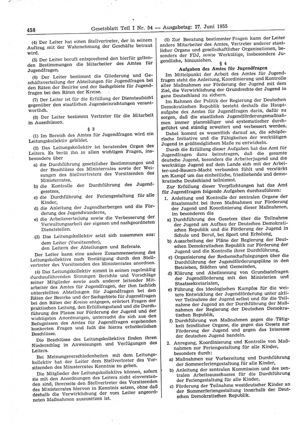 Gesetzblatt (GBl.) der Deutschen Demokratischen Republik (DDR) Teil Ⅰ 1955, Seite 458 (GBl. DDR Ⅰ 1955, S. 458)