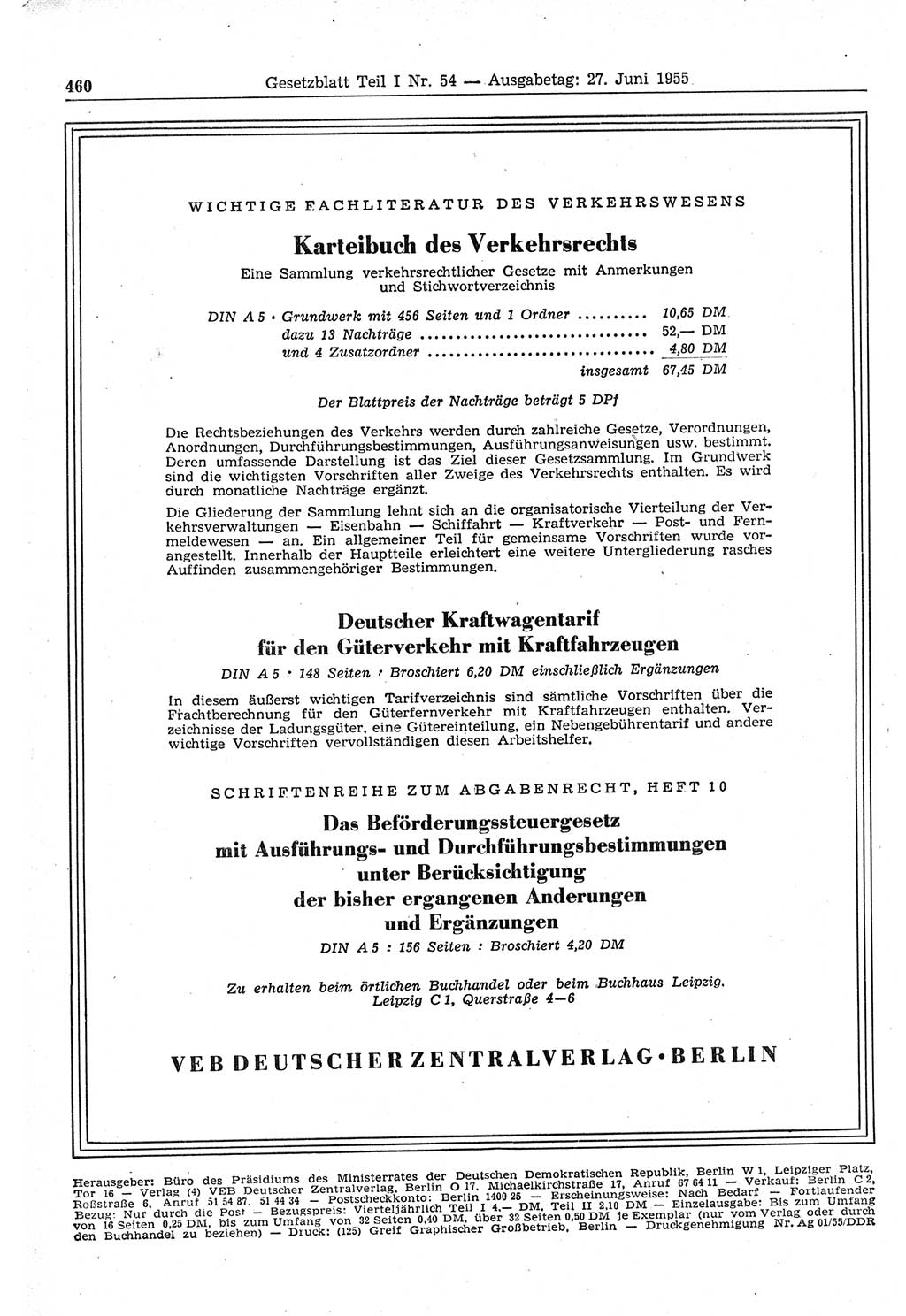 Gesetzblatt (GBl.) der Deutschen Demokratischen Republik (DDR) Teil Ⅰ 1955, Seite 460 (GBl. DDR Ⅰ 1955, S. 460)
