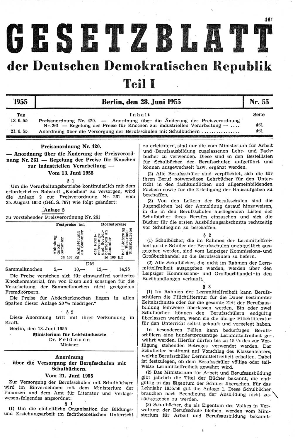 Gesetzblatt (GBl.) der Deutschen Demokratischen Republik (DDR) Teil Ⅰ 1955, Seite 461 (GBl. DDR Ⅰ 1955, S. 461)