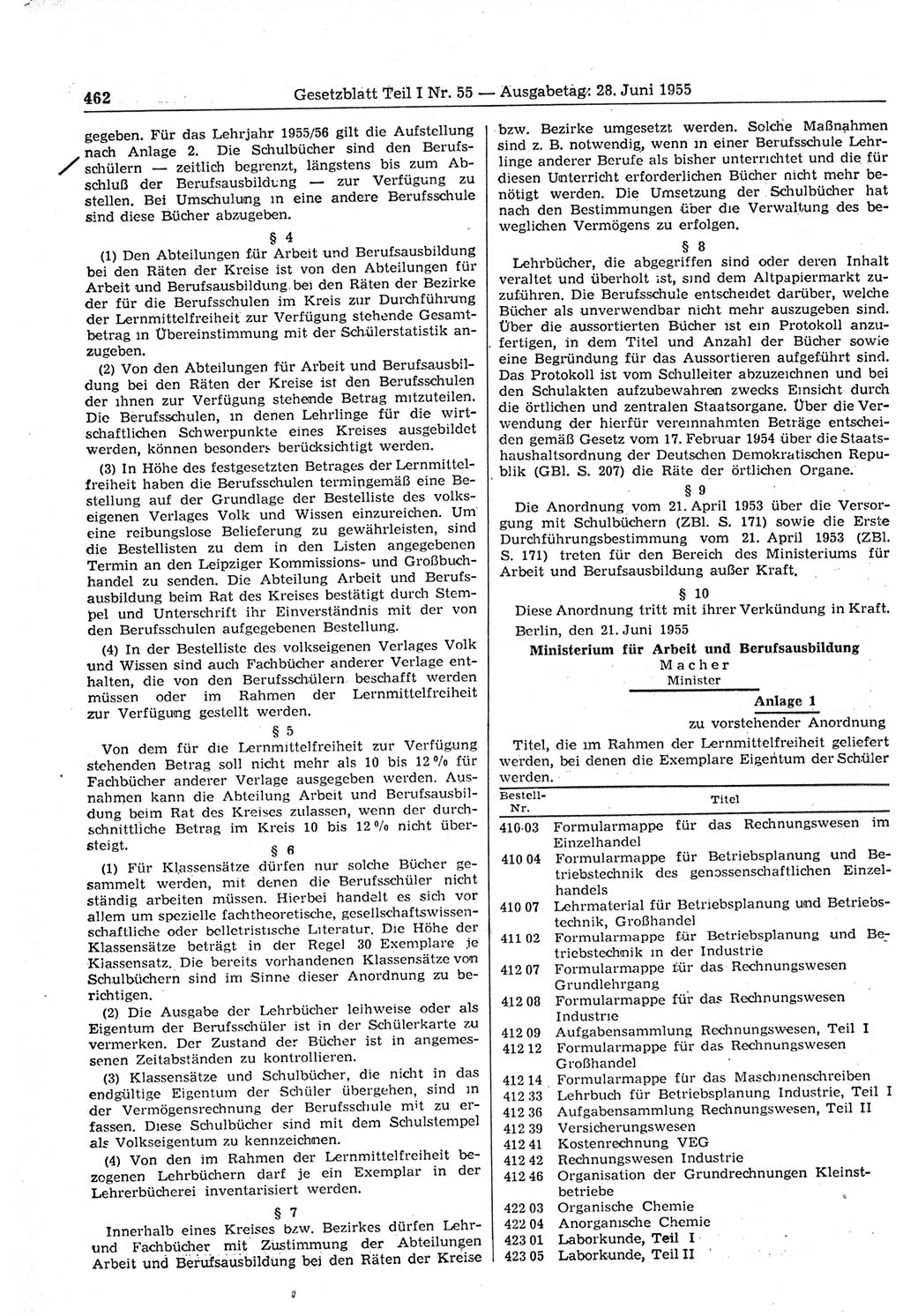 Gesetzblatt (GBl.) der Deutschen Demokratischen Republik (DDR) Teil Ⅰ 1955, Seite 462 (GBl. DDR Ⅰ 1955, S. 462)