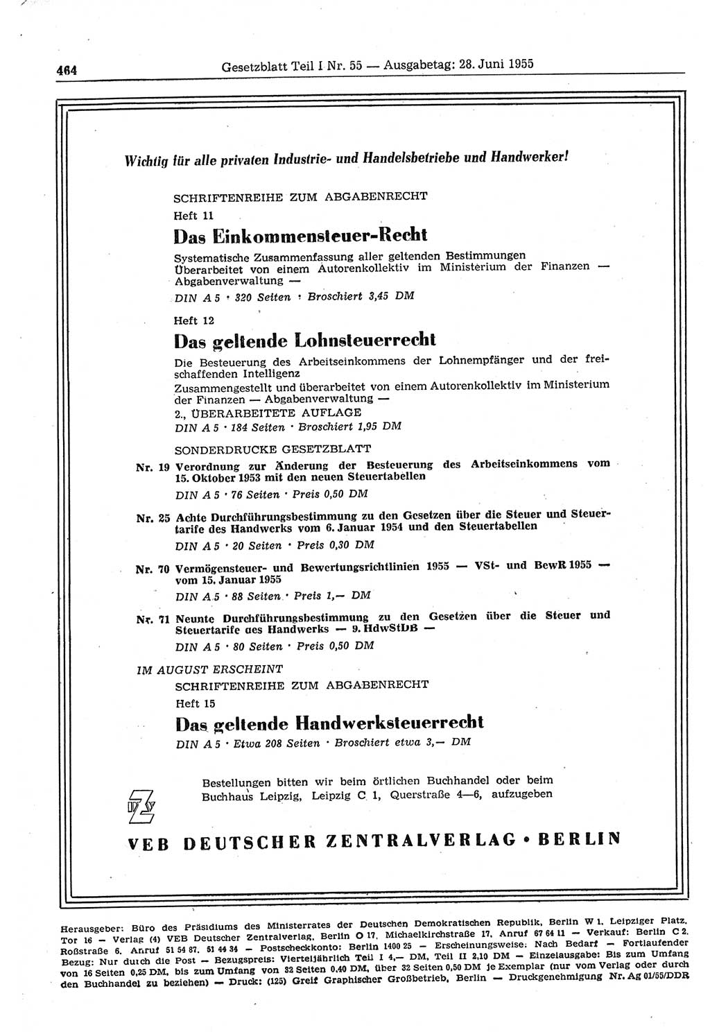 Gesetzblatt (GBl.) der Deutschen Demokratischen Republik (DDR) Teil Ⅰ 1955, Seite 464 (GBl. DDR Ⅰ 1955, S. 464)