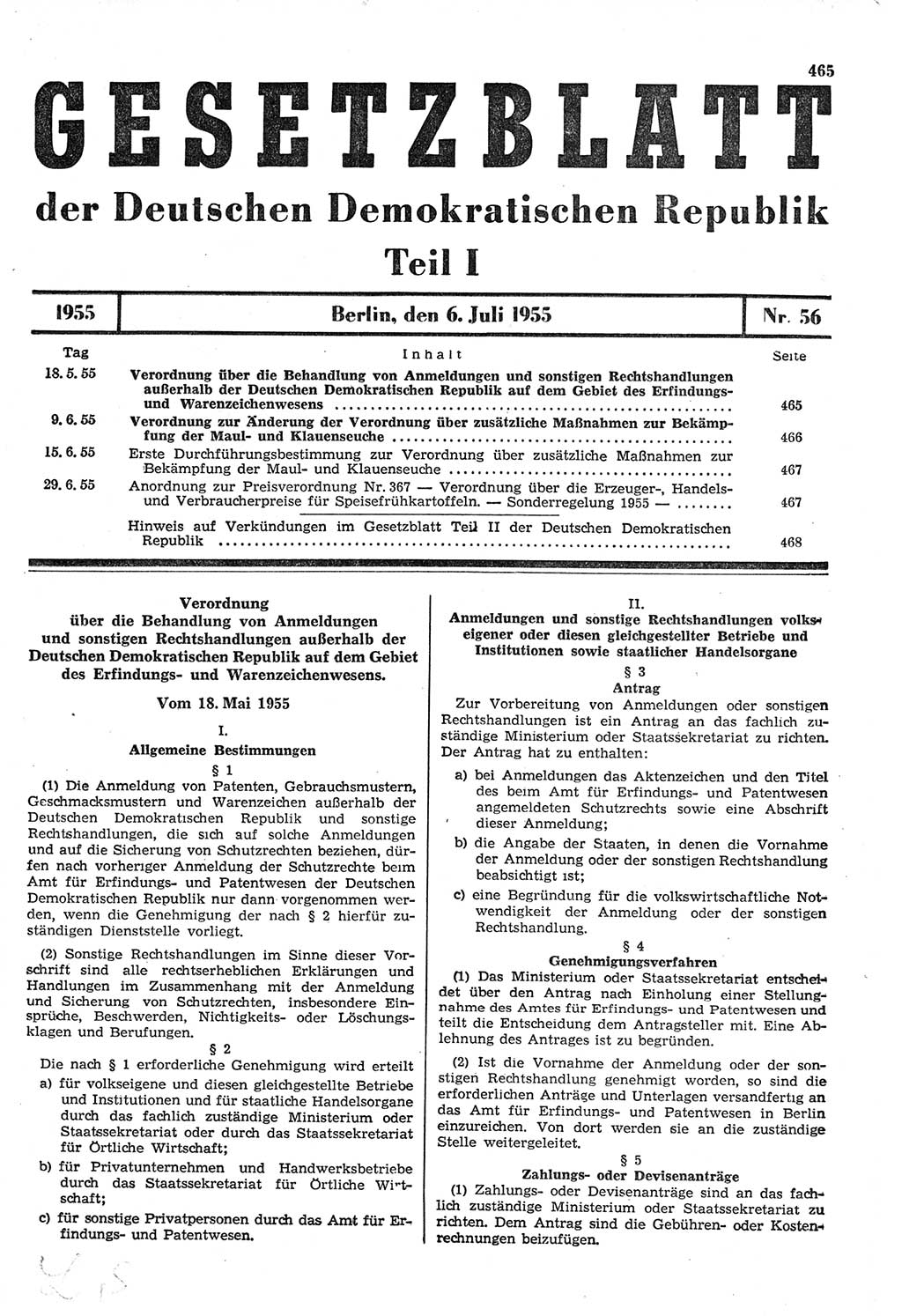 Gesetzblatt (GBl.) der Deutschen Demokratischen Republik (DDR) Teil Ⅰ 1955, Seite 465 (GBl. DDR Ⅰ 1955, S. 465)