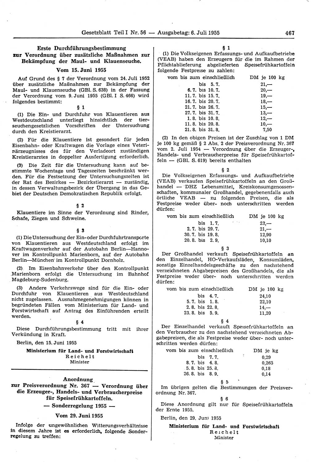 Gesetzblatt (GBl.) der Deutschen Demokratischen Republik (DDR) Teil Ⅰ 1955, Seite 467 (GBl. DDR Ⅰ 1955, S. 467)