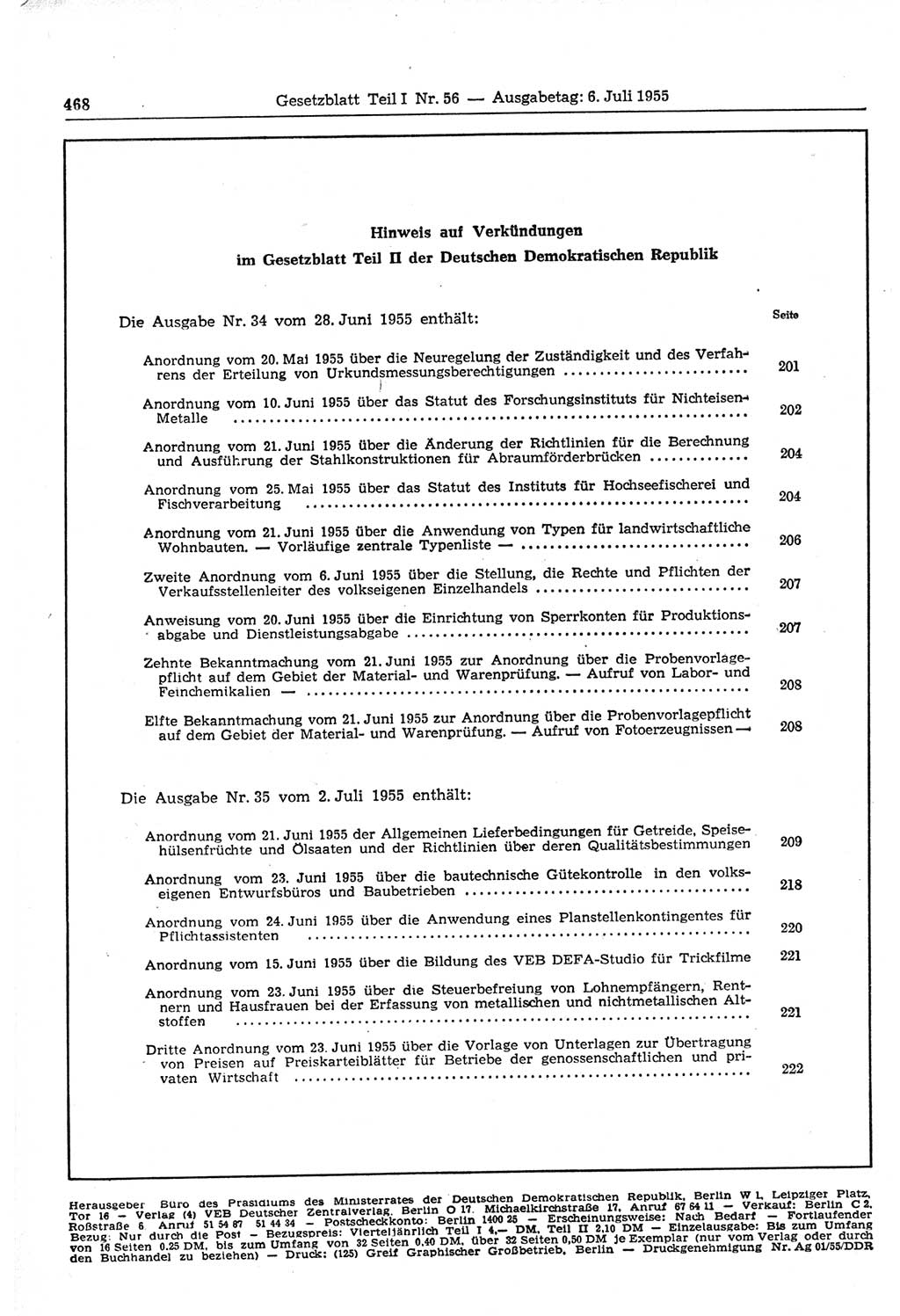 Gesetzblatt (GBl.) der Deutschen Demokratischen Republik (DDR) Teil Ⅰ 1955, Seite 468 (GBl. DDR Ⅰ 1955, S. 468)