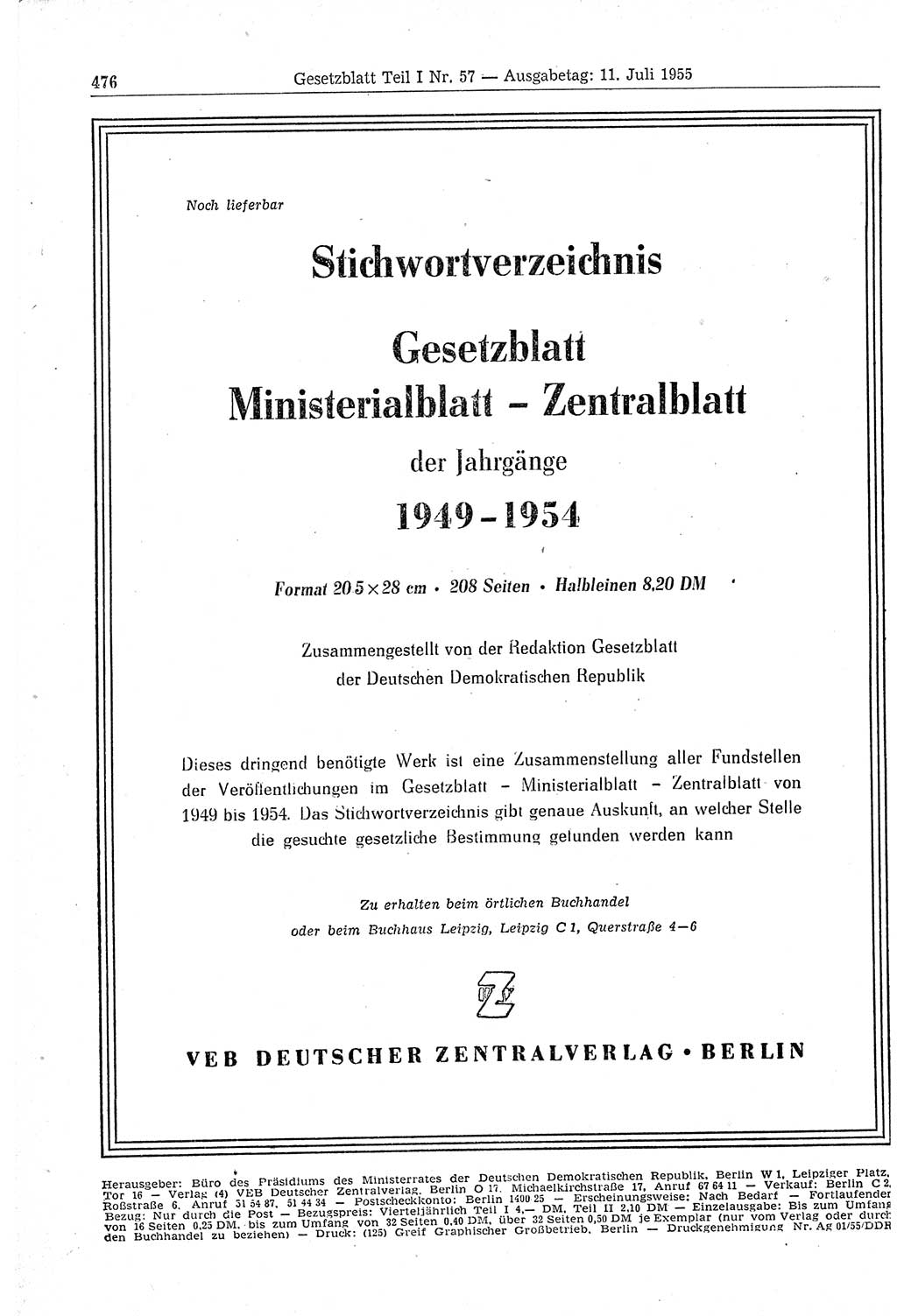 Gesetzblatt (GBl.) der Deutschen Demokratischen Republik (DDR) Teil Ⅰ 1955, Seite 476 (GBl. DDR Ⅰ 1955, S. 476)