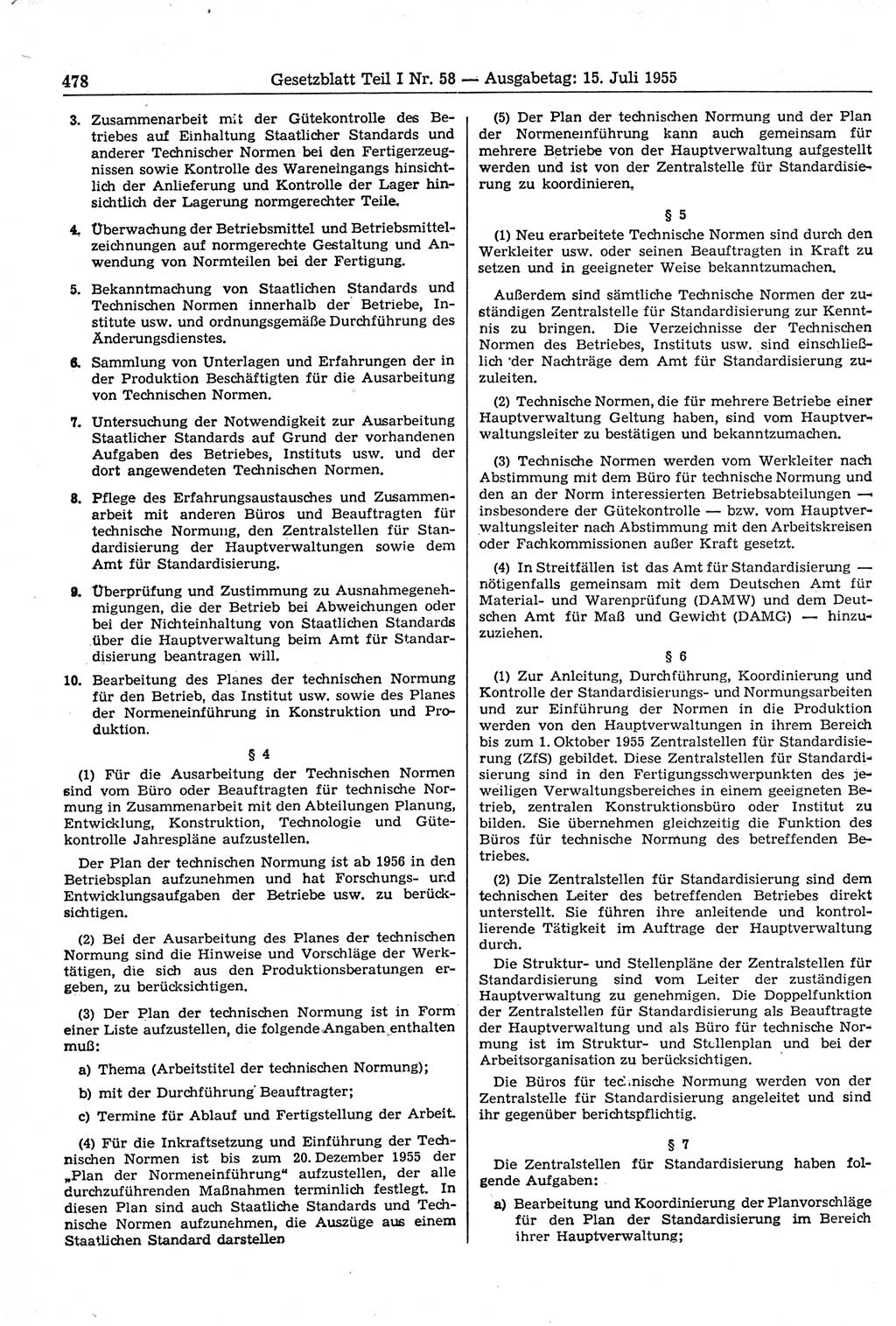 Gesetzblatt (GBl.) der Deutschen Demokratischen Republik (DDR) Teil Ⅰ 1955, Seite 478 (GBl. DDR Ⅰ 1955, S. 478)