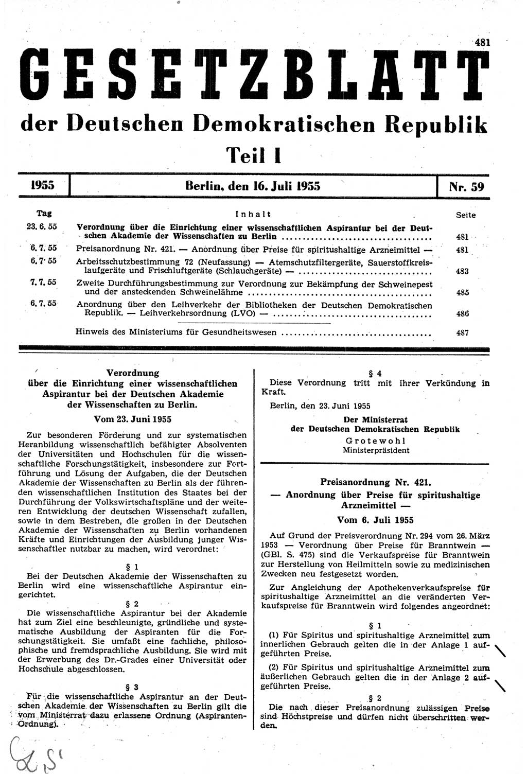 Gesetzblatt (GBl.) der Deutschen Demokratischen Republik (DDR) Teil Ⅰ 1955, Seite 481 (GBl. DDR Ⅰ 1955, S. 481)