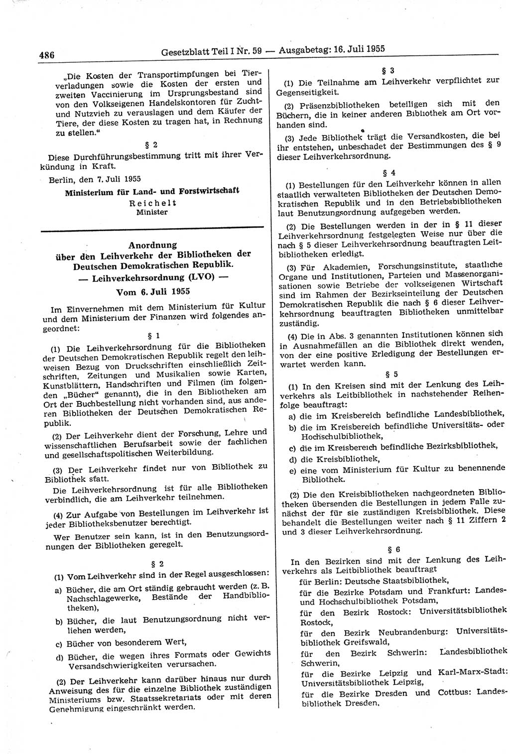 Gesetzblatt (GBl.) der Deutschen Demokratischen Republik (DDR) Teil Ⅰ 1955, Seite 486 (GBl. DDR Ⅰ 1955, S. 486)