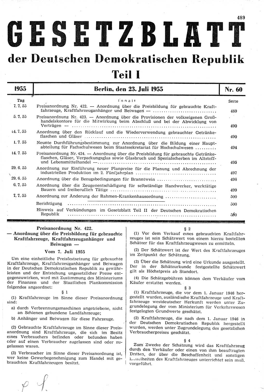 Gesetzblatt (GBl.) der Deutschen Demokratischen Republik (DDR) Teil Ⅰ 1955, Seite 489 (GBl. DDR Ⅰ 1955, S. 489)