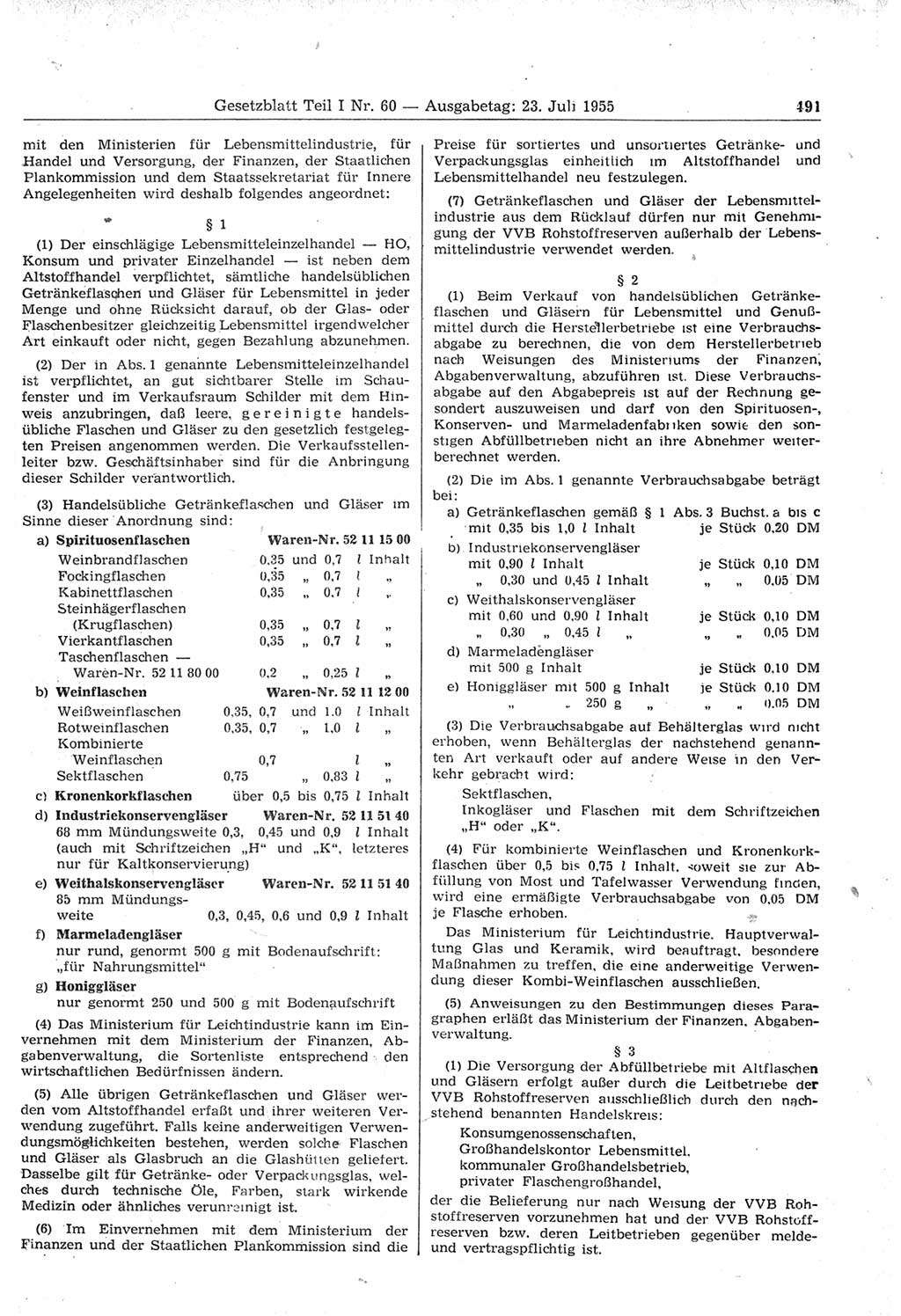 Gesetzblatt (GBl.) der Deutschen Demokratischen Republik (DDR) Teil Ⅰ 1955, Seite 491 (GBl. DDR Ⅰ 1955, S. 491)