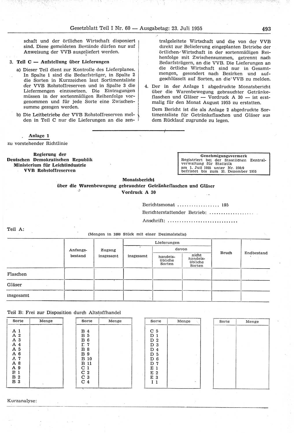 Gesetzblatt (GBl.) der Deutschen Demokratischen Republik (DDR) Teil Ⅰ 1955, Seite 493 (GBl. DDR Ⅰ 1955, S. 493)