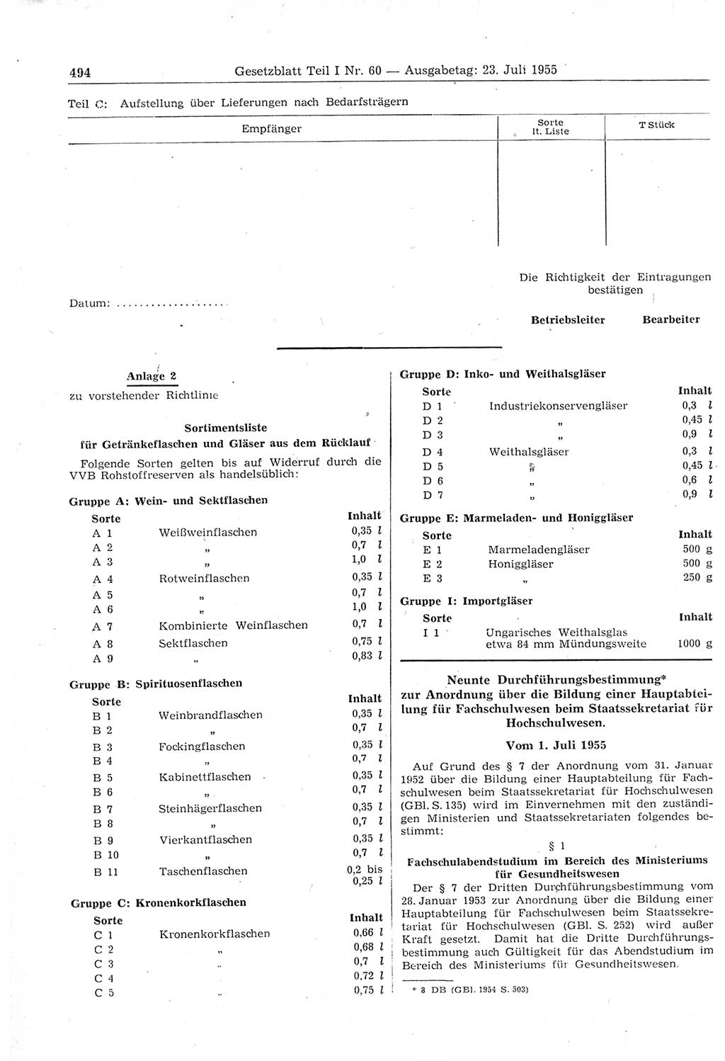 Gesetzblatt (GBl.) der Deutschen Demokratischen Republik (DDR) Teil Ⅰ 1955, Seite 494 (GBl. DDR Ⅰ 1955, S. 494)