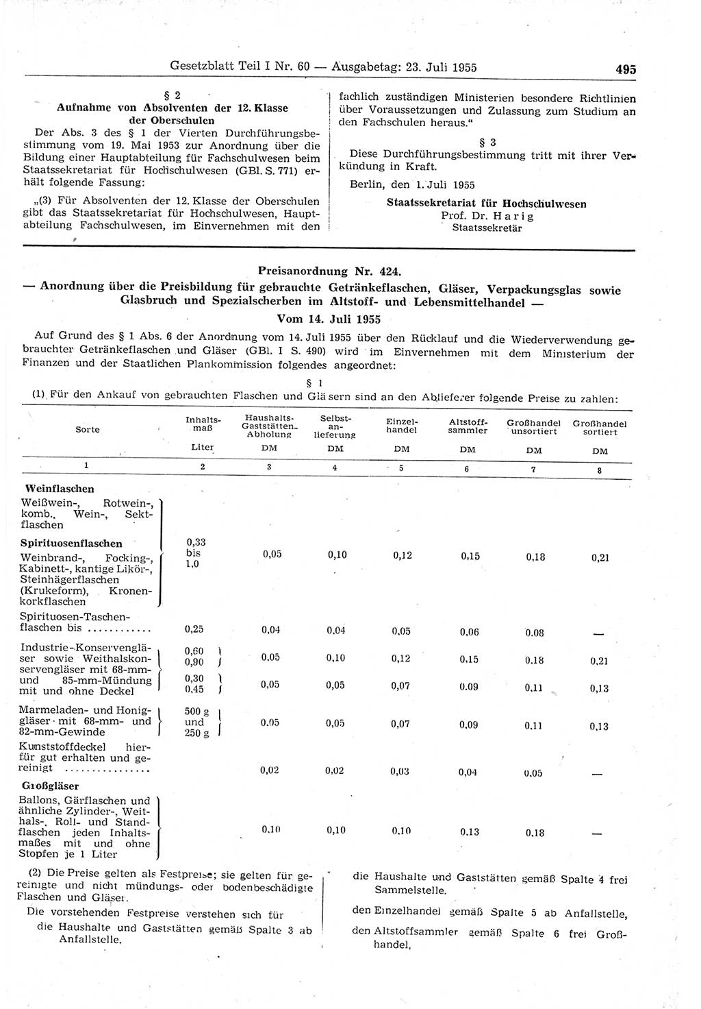 Gesetzblatt (GBl.) der Deutschen Demokratischen Republik (DDR) Teil Ⅰ 1955, Seite 495 (GBl. DDR Ⅰ 1955, S. 495)