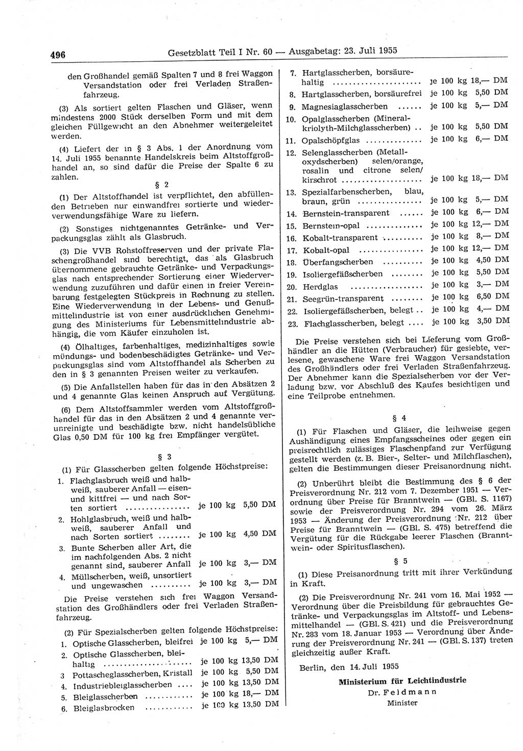 Gesetzblatt (GBl.) der Deutschen Demokratischen Republik (DDR) Teil Ⅰ 1955, Seite 496 (GBl. DDR Ⅰ 1955, S. 496)