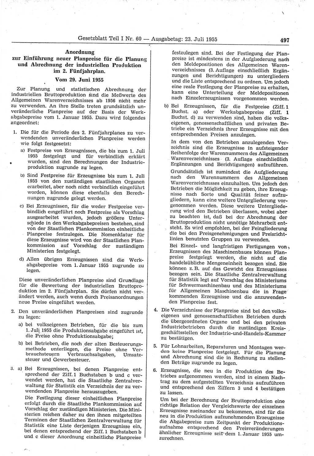 Gesetzblatt (GBl.) der Deutschen Demokratischen Republik (DDR) Teil Ⅰ 1955, Seite 497 (GBl. DDR Ⅰ 1955, S. 497)