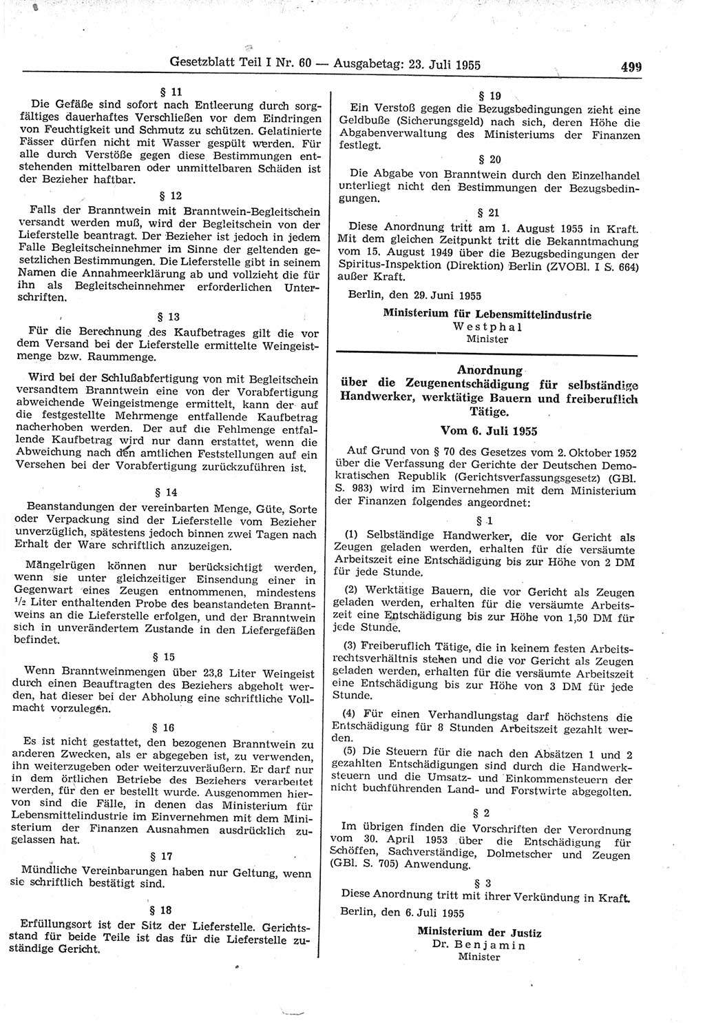 Gesetzblatt (GBl.) der Deutschen Demokratischen Republik (DDR) Teil Ⅰ 1955, Seite 499 (GBl. DDR Ⅰ 1955, S. 499)