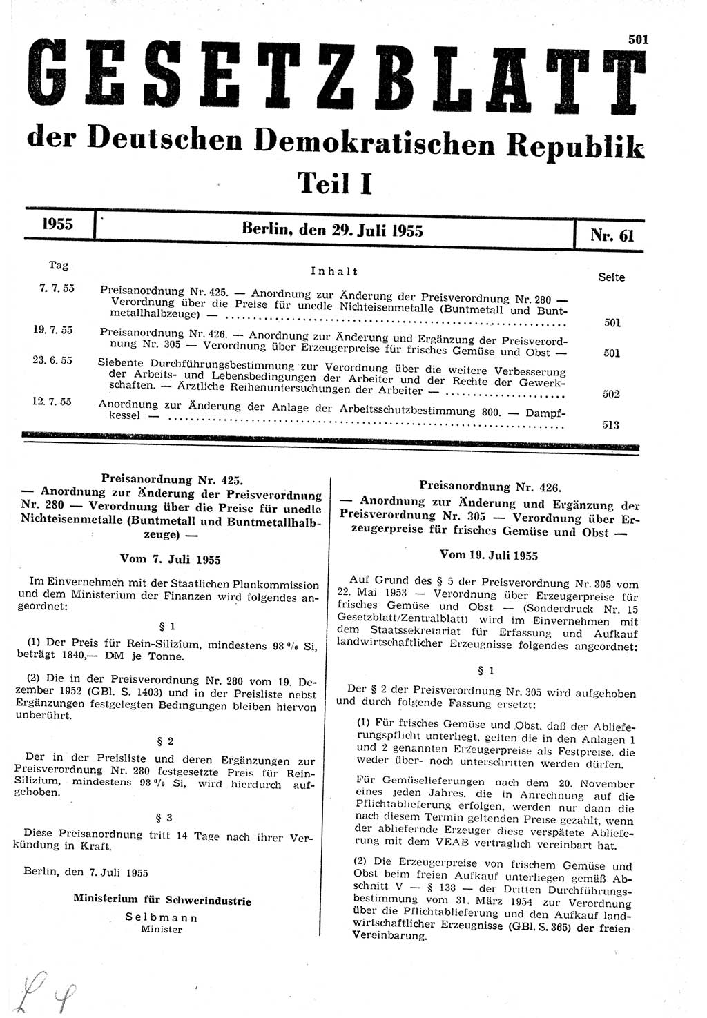 Gesetzblatt (GBl.) der Deutschen Demokratischen Republik (DDR) Teil Ⅰ 1955, Seite 501 (GBl. DDR Ⅰ 1955, S. 501)