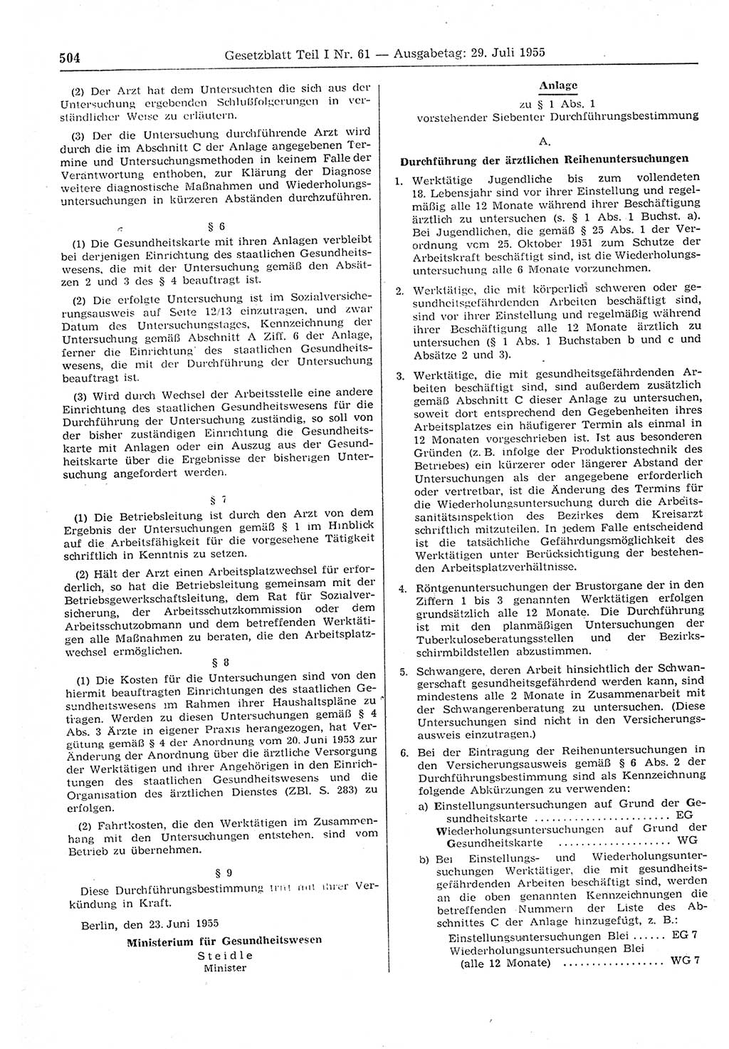 Gesetzblatt (GBl.) der Deutschen Demokratischen Republik (DDR) Teil Ⅰ 1955, Seite 504 (GBl. DDR Ⅰ 1955, S. 504)