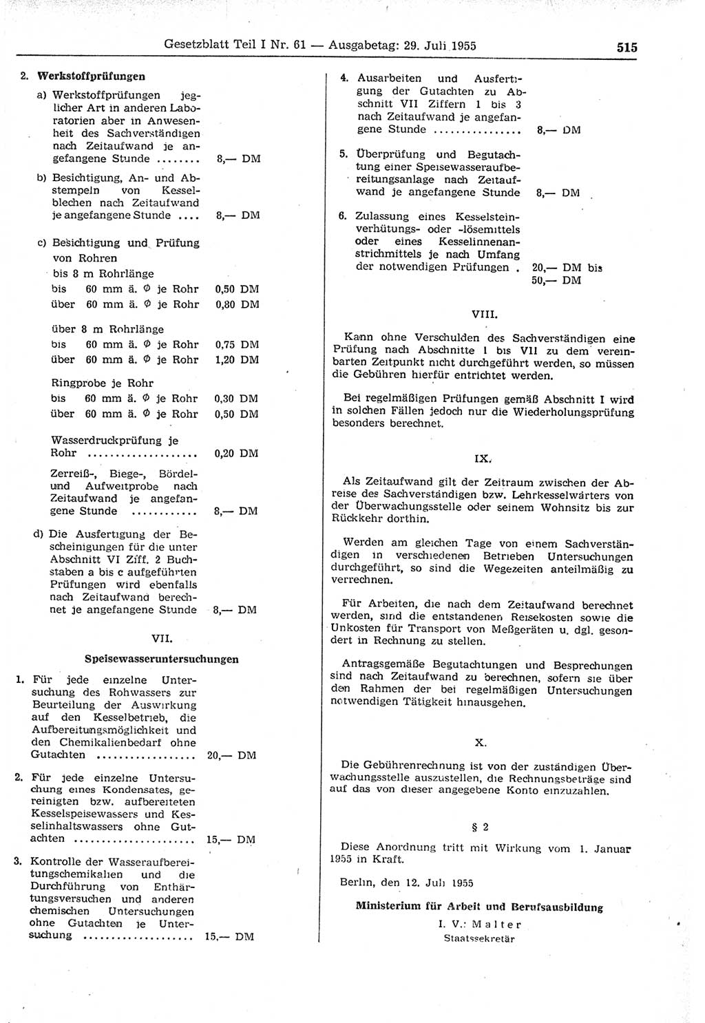 Gesetzblatt (GBl.) der Deutschen Demokratischen Republik (DDR) Teil Ⅰ 1955, Seite 515 (GBl. DDR Ⅰ 1955, S. 515)