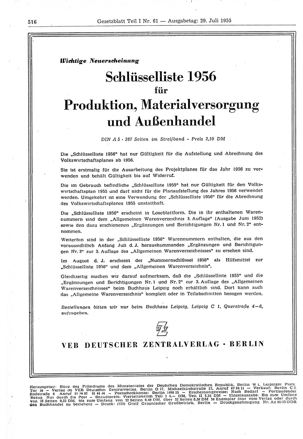 Gesetzblatt (GBl.) der Deutschen Demokratischen Republik (DDR) Teil Ⅰ 1955, Seite 516 (GBl. DDR Ⅰ 1955, S. 516)