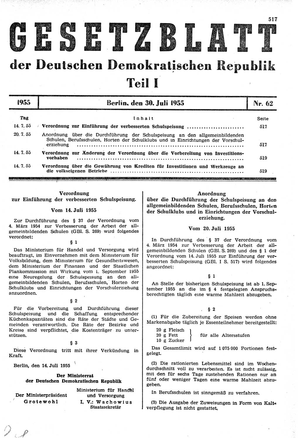 Gesetzblatt (GBl.) der Deutschen Demokratischen Republik (DDR) Teil Ⅰ 1955, Seite 517 (GBl. DDR Ⅰ 1955, S. 517)