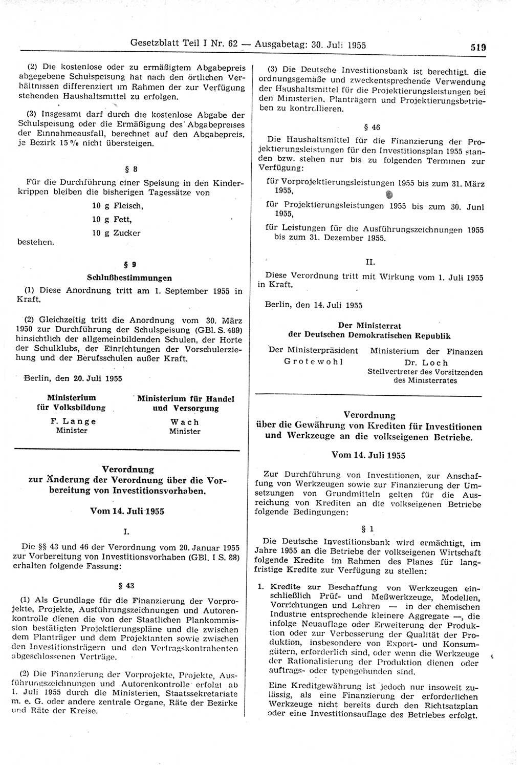 Gesetzblatt (GBl.) der Deutschen Demokratischen Republik (DDR) Teil Ⅰ 1955, Seite 519 (GBl. DDR Ⅰ 1955, S. 519)