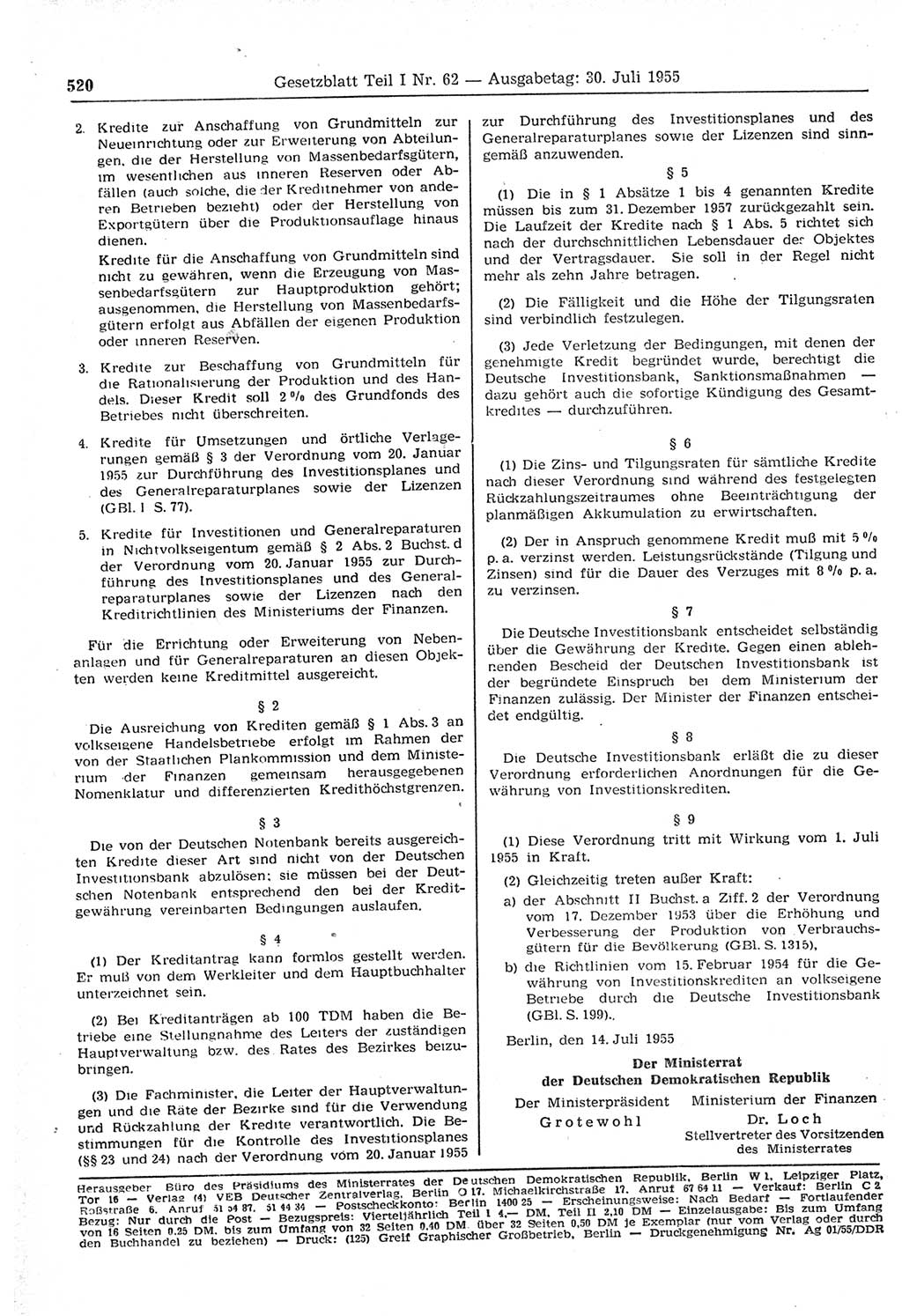 Gesetzblatt (GBl.) der Deutschen Demokratischen Republik (DDR) Teil Ⅰ 1955, Seite 520 (GBl. DDR Ⅰ 1955, S. 520)