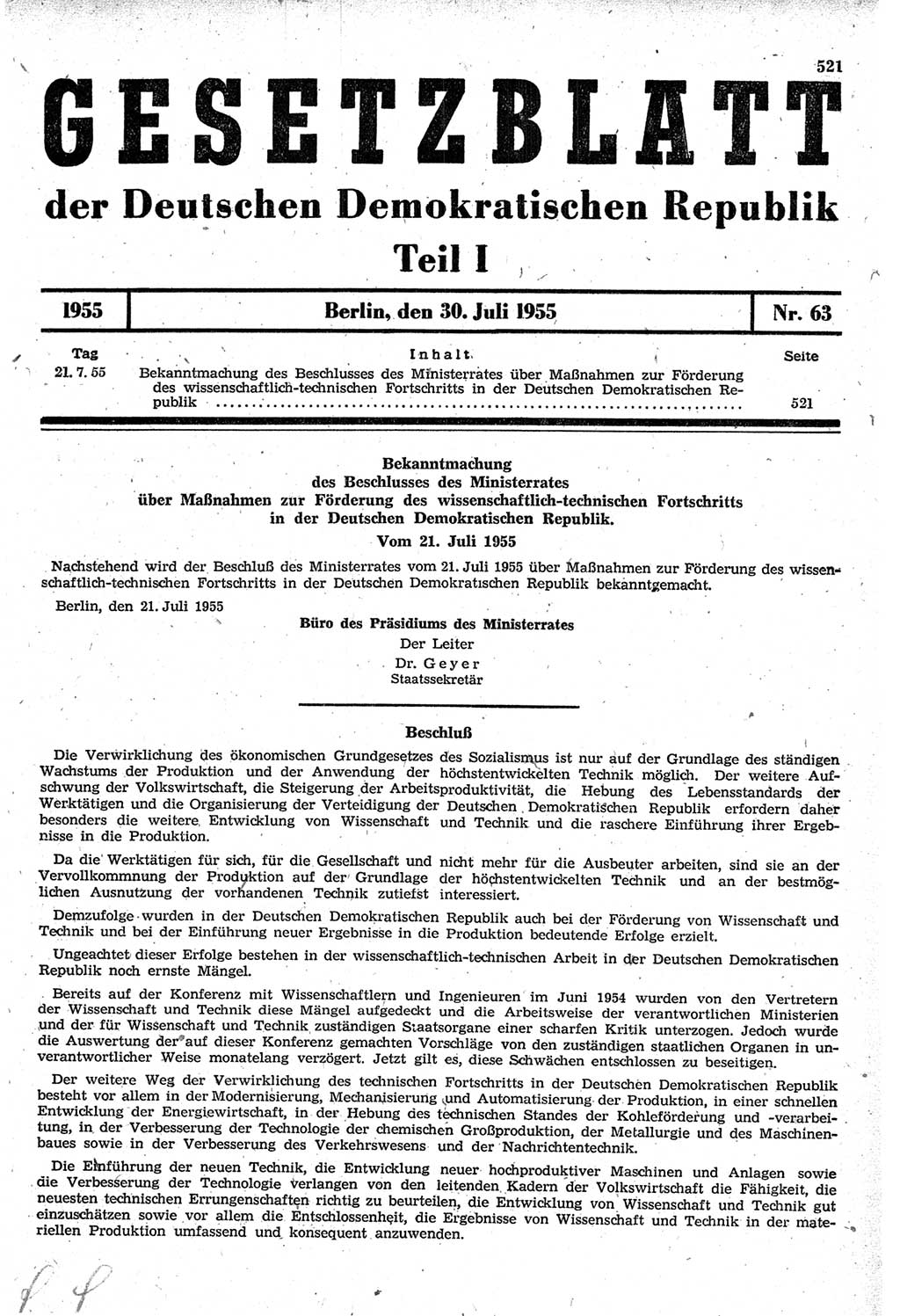 Gesetzblatt (GBl.) der Deutschen Demokratischen Republik (DDR) Teil Ⅰ 1955, Seite 521 (GBl. DDR Ⅰ 1955, S. 521)