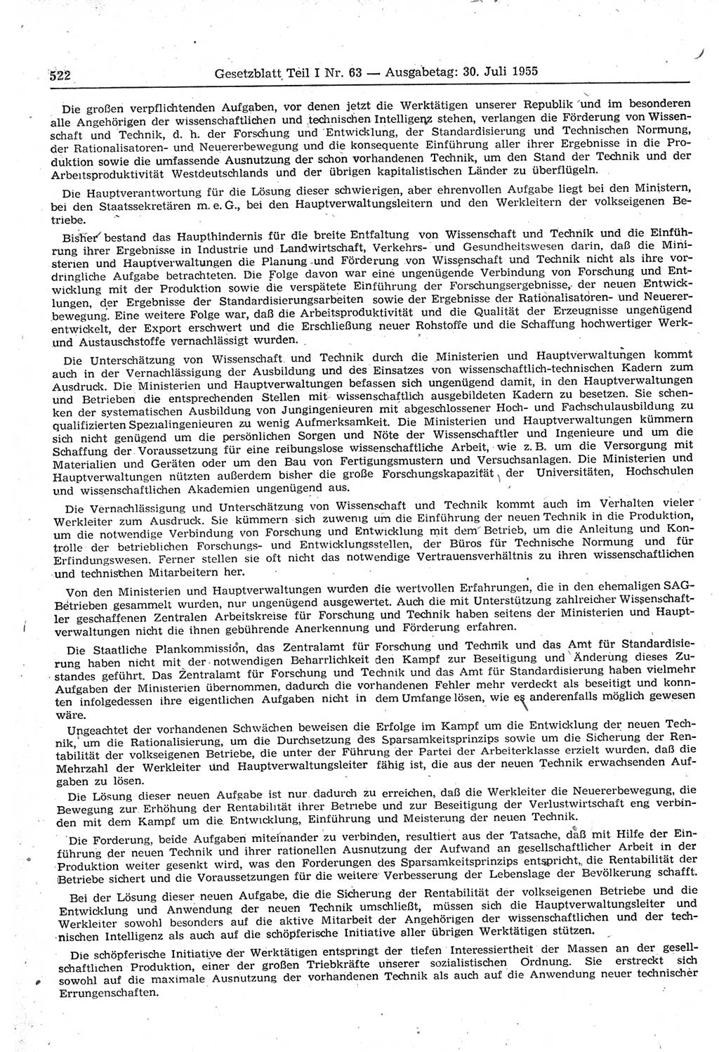 Gesetzblatt (GBl.) der Deutschen Demokratischen Republik (DDR) Teil Ⅰ 1955, Seite 522 (GBl. DDR Ⅰ 1955, S. 522)
