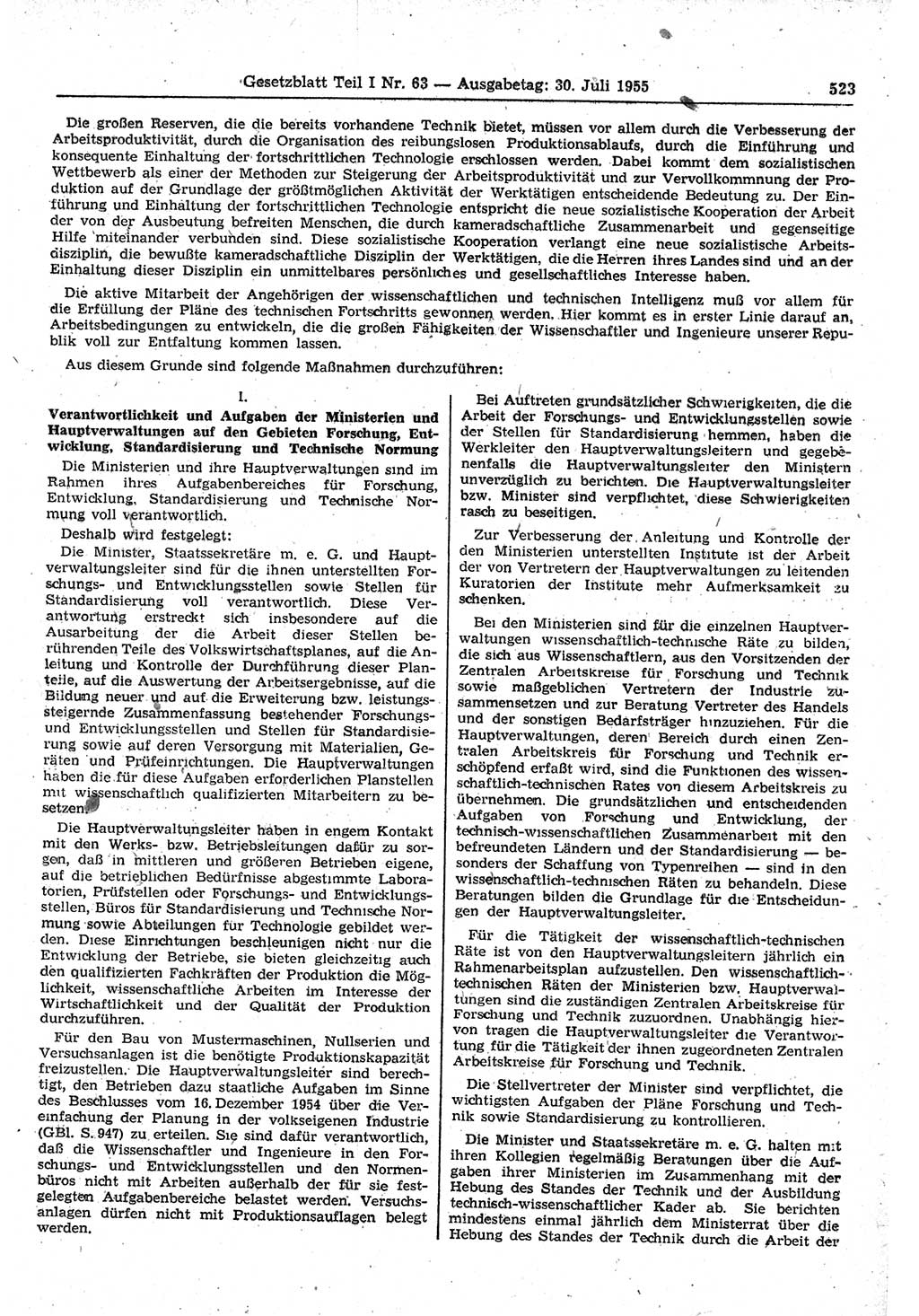 Gesetzblatt (GBl.) der Deutschen Demokratischen Republik (DDR) Teil Ⅰ 1955, Seite 523 (GBl. DDR Ⅰ 1955, S. 523)