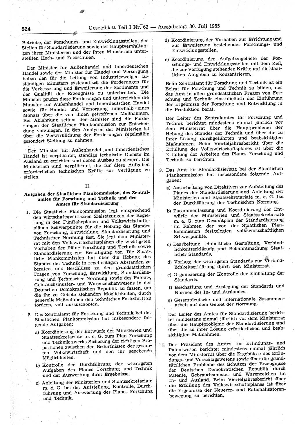 Gesetzblatt (GBl.) der Deutschen Demokratischen Republik (DDR) Teil Ⅰ 1955, Seite 524 (GBl. DDR Ⅰ 1955, S. 524)