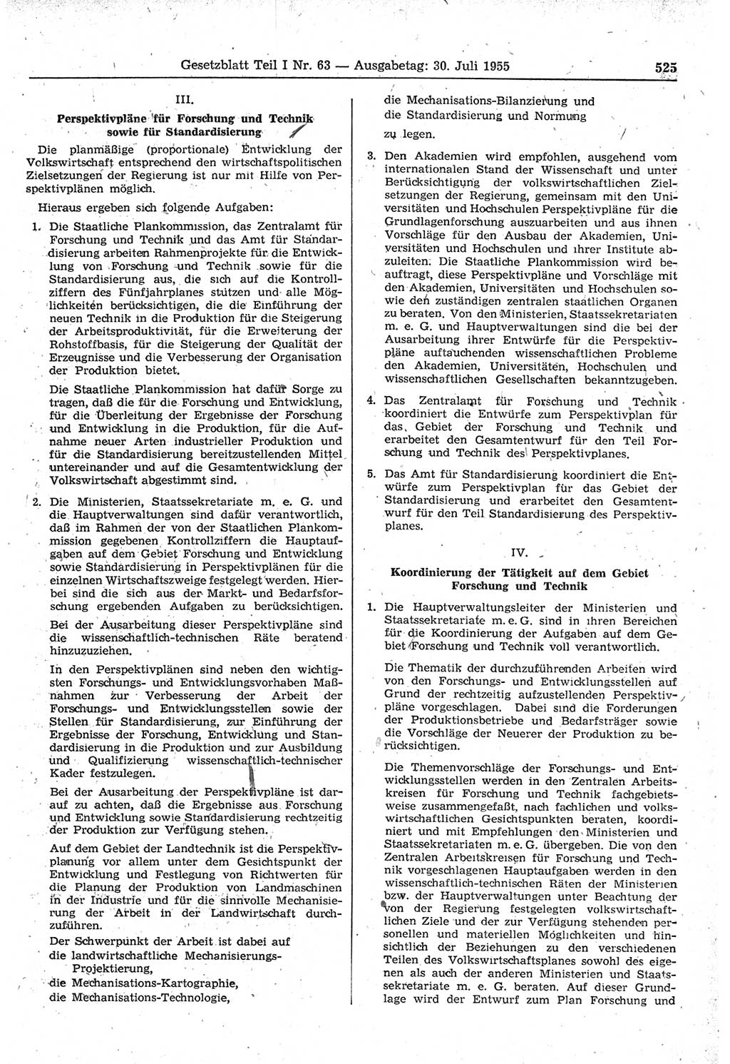 Gesetzblatt (GBl.) der Deutschen Demokratischen Republik (DDR) Teil Ⅰ 1955, Seite 525 (GBl. DDR Ⅰ 1955, S. 525)