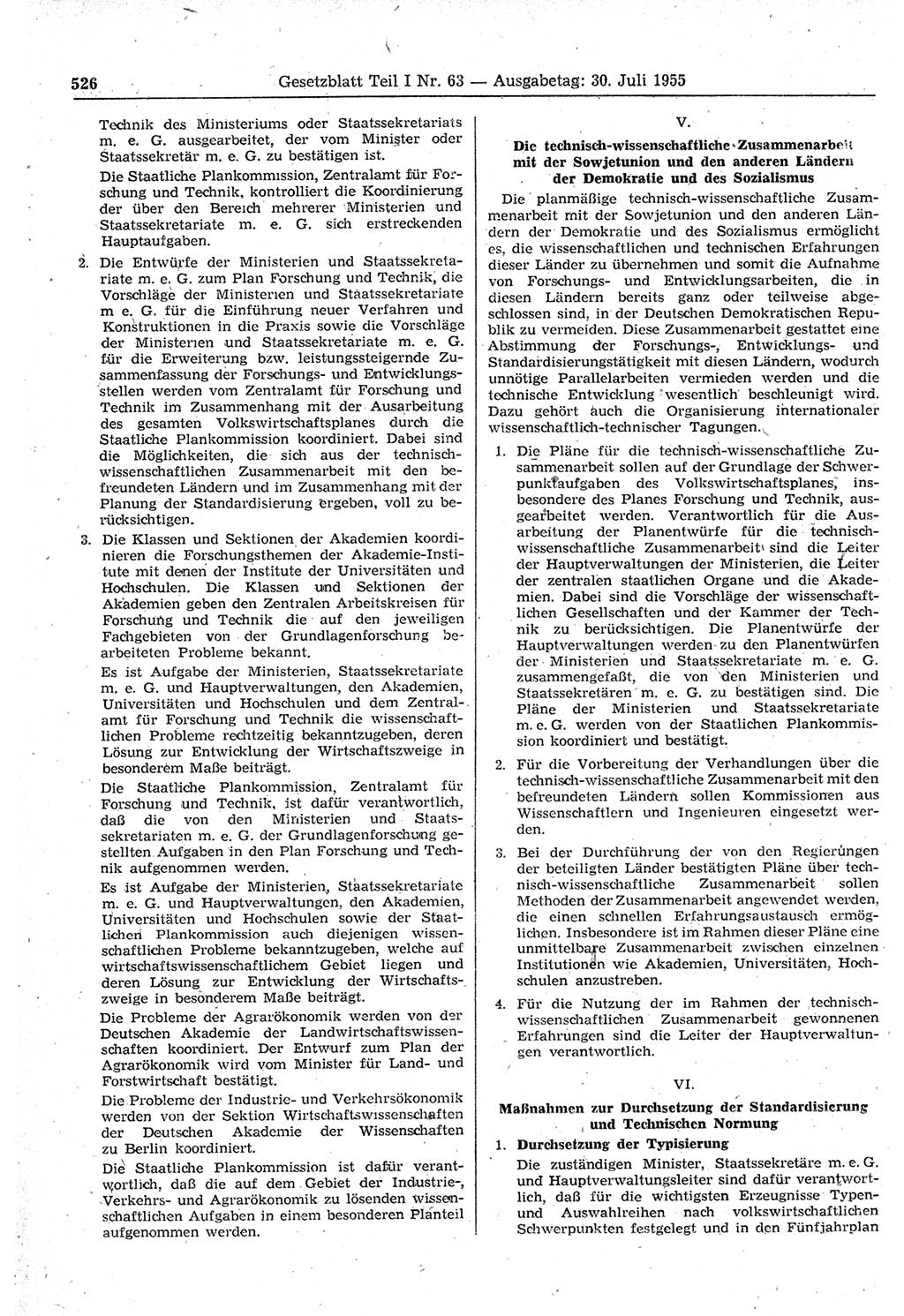 Gesetzblatt (GBl.) der Deutschen Demokratischen Republik (DDR) Teil Ⅰ 1955, Seite 526 (GBl. DDR Ⅰ 1955, S. 526)