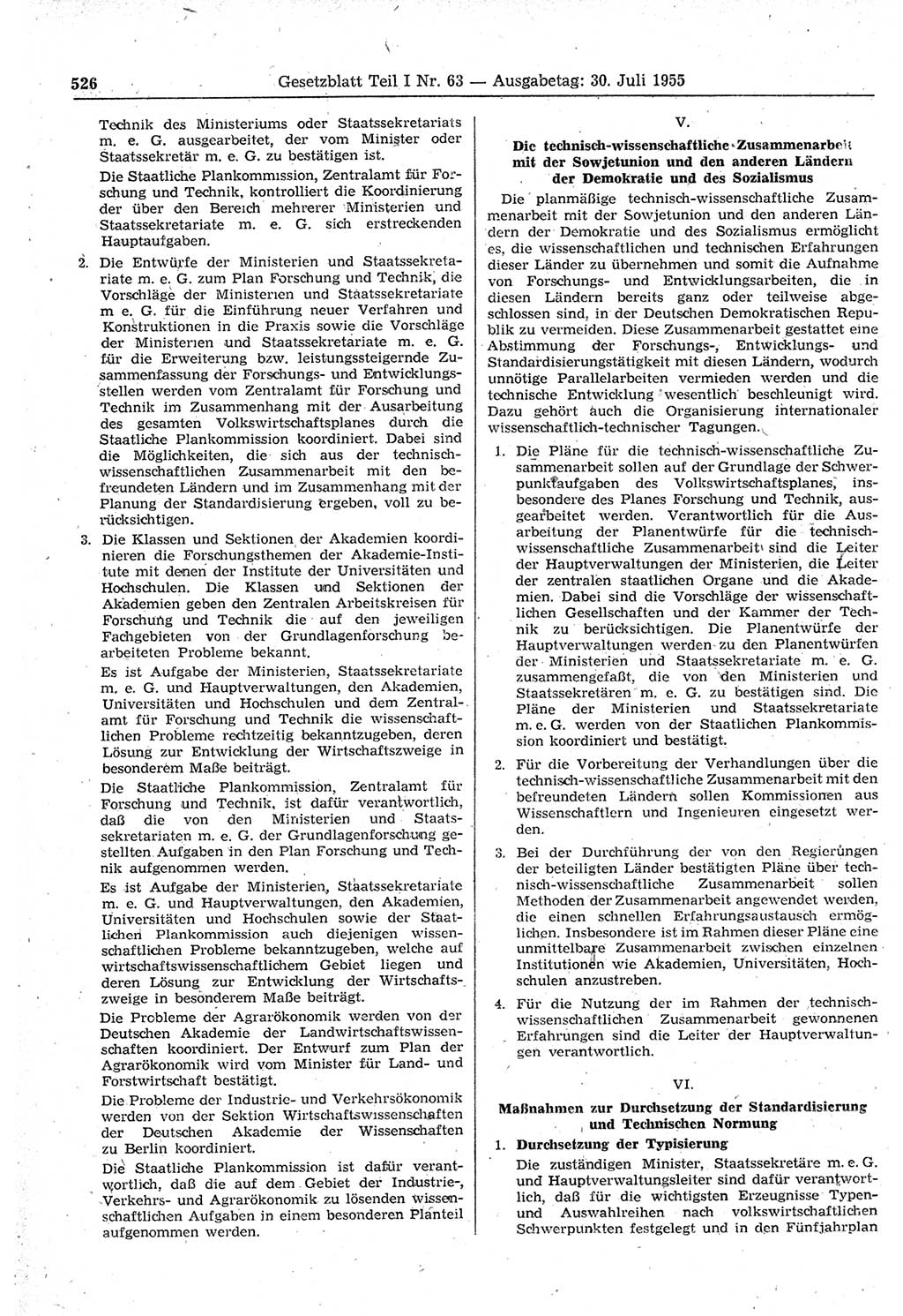 Gesetzblatt (GBl.) der Deutschen Demokratischen Republik (DDR) Teil Ⅰ 1955, Seite 526 (GBl. DDR Ⅰ 1955, S. 526)