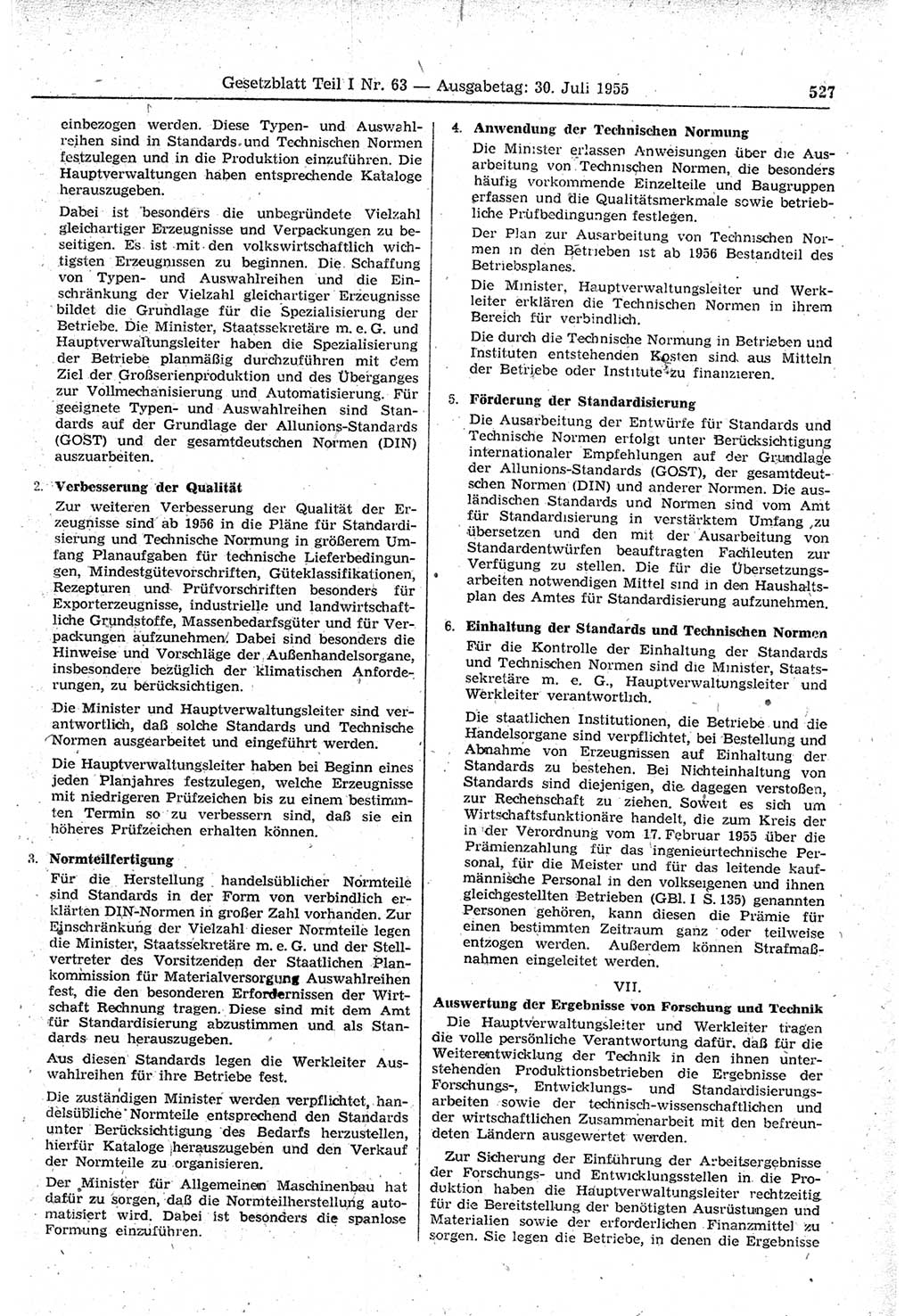 Gesetzblatt (GBl.) der Deutschen Demokratischen Republik (DDR) Teil Ⅰ 1955, Seite 527 (GBl. DDR Ⅰ 1955, S. 527)