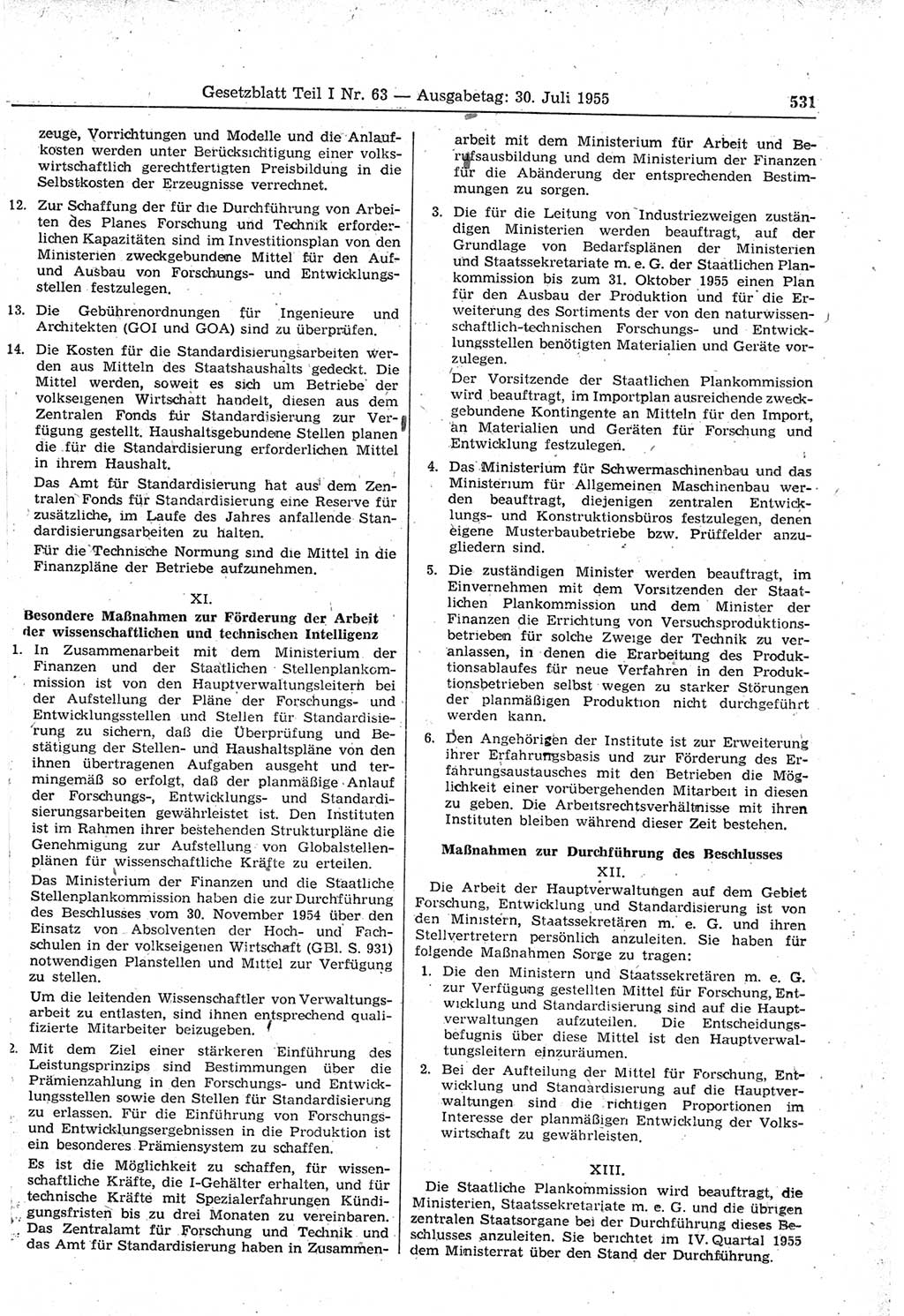 Gesetzblatt (GBl.) der Deutschen Demokratischen Republik (DDR) Teil Ⅰ 1955, Seite 531 (GBl. DDR Ⅰ 1955, S. 531)