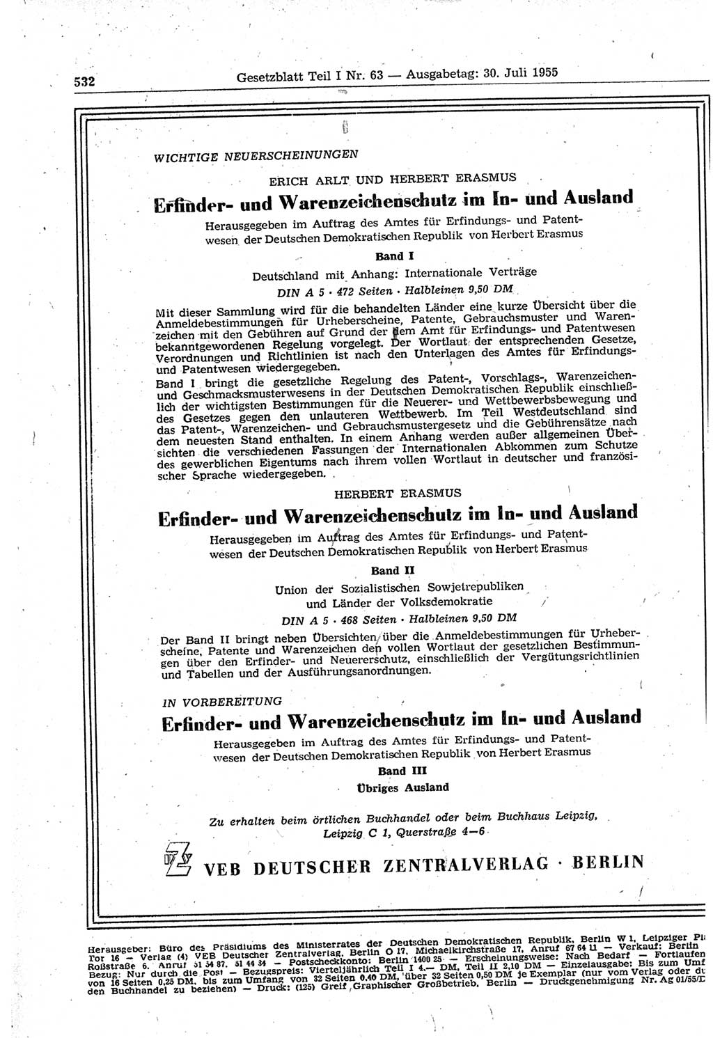 Gesetzblatt (GBl.) der Deutschen Demokratischen Republik (DDR) Teil Ⅰ 1955, Seite 532 (GBl. DDR Ⅰ 1955, S. 532)