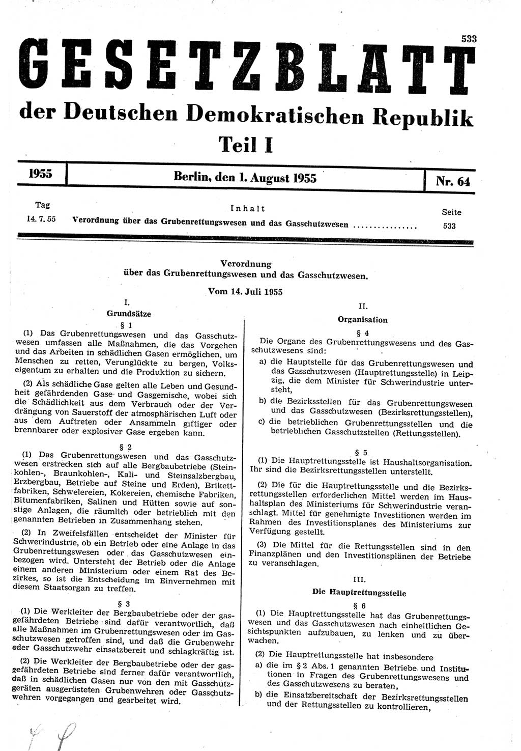 Gesetzblatt (GBl.) der Deutschen Demokratischen Republik (DDR) Teil Ⅰ 1955, Seite 533 (GBl. DDR Ⅰ 1955, S. 533)