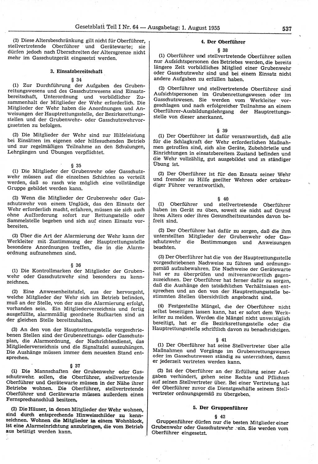 Gesetzblatt (GBl.) der Deutschen Demokratischen Republik (DDR) Teil Ⅰ 1955, Seite 537 (GBl. DDR Ⅰ 1955, S. 537)