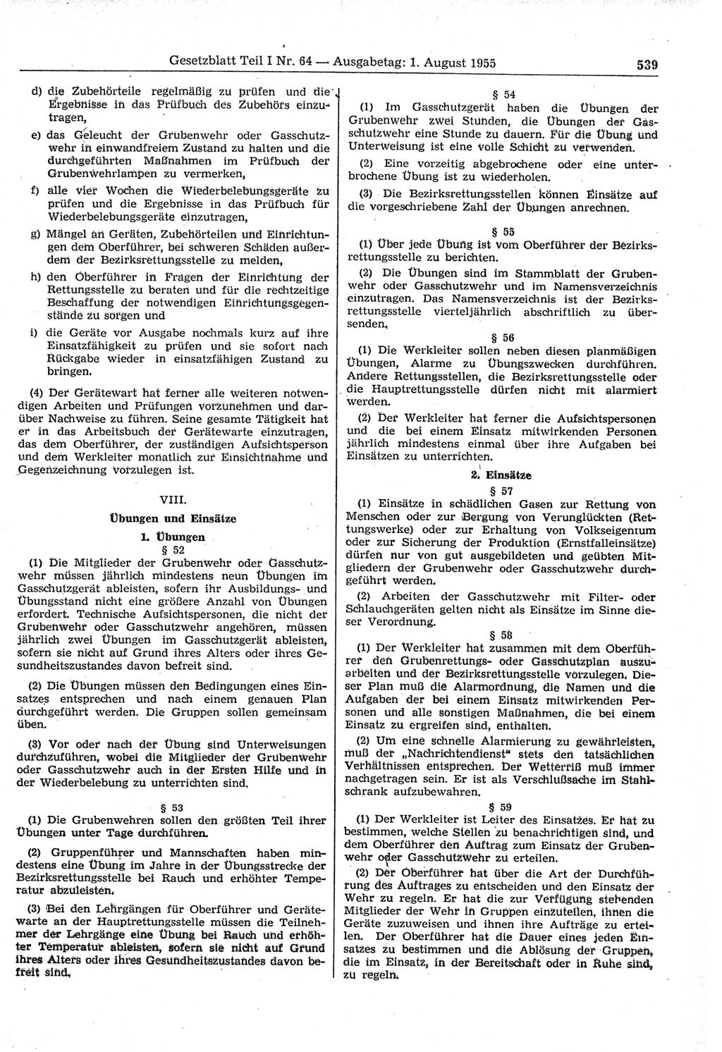 Gesetzblatt (GBl.) der Deutschen Demokratischen Republik (DDR) Teil Ⅰ 1955, Seite 539 (GBl. DDR Ⅰ 1955, S. 539)