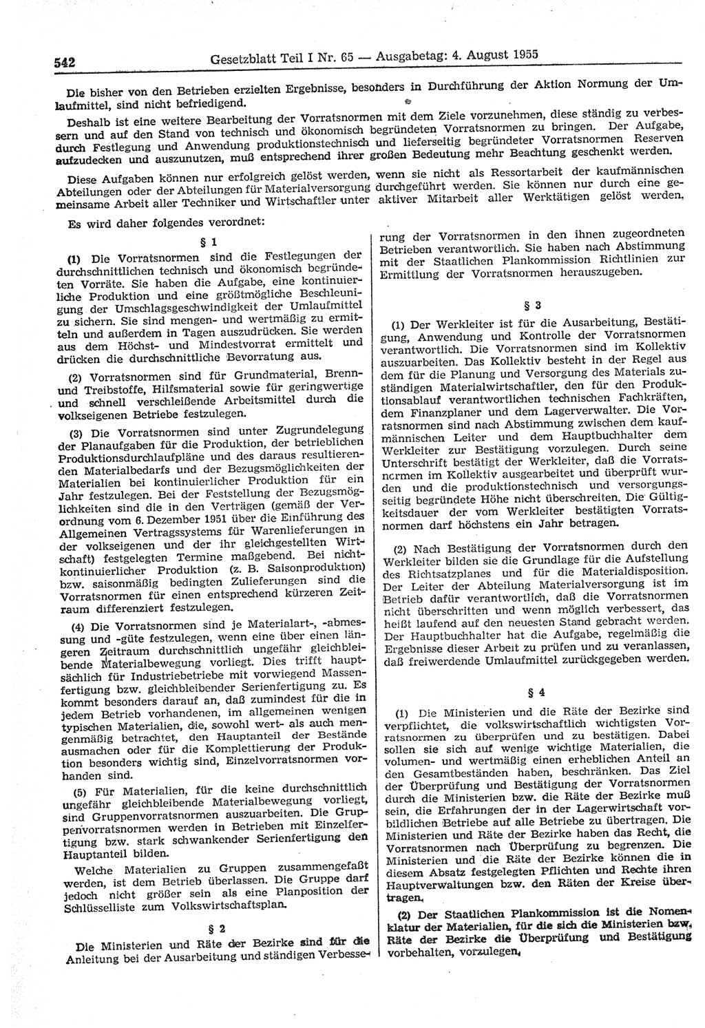 Gesetzblatt (GBl.) der Deutschen Demokratischen Republik (DDR) Teil Ⅰ 1955, Seite 542 (GBl. DDR Ⅰ 1955, S. 542)