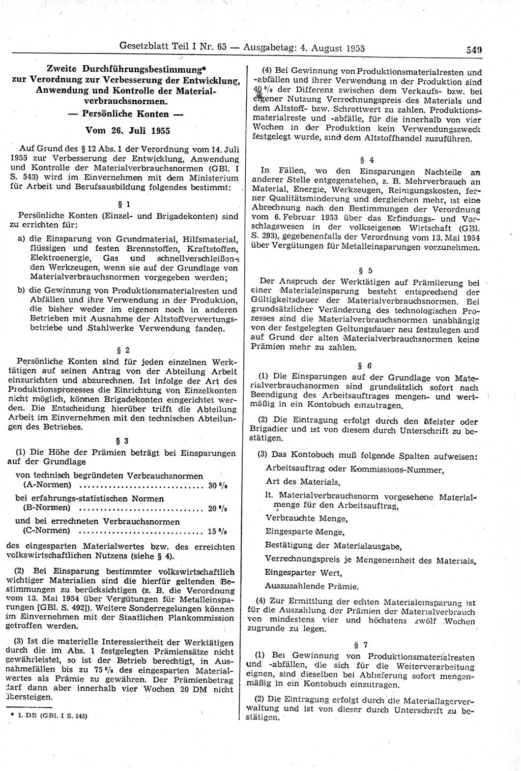 Gesetzblatt (GBl.) der Deutschen Demokratischen Republik (DDR) Teil Ⅰ 1955, Seite 549 (GBl. DDR Ⅰ 1955, S. 549)