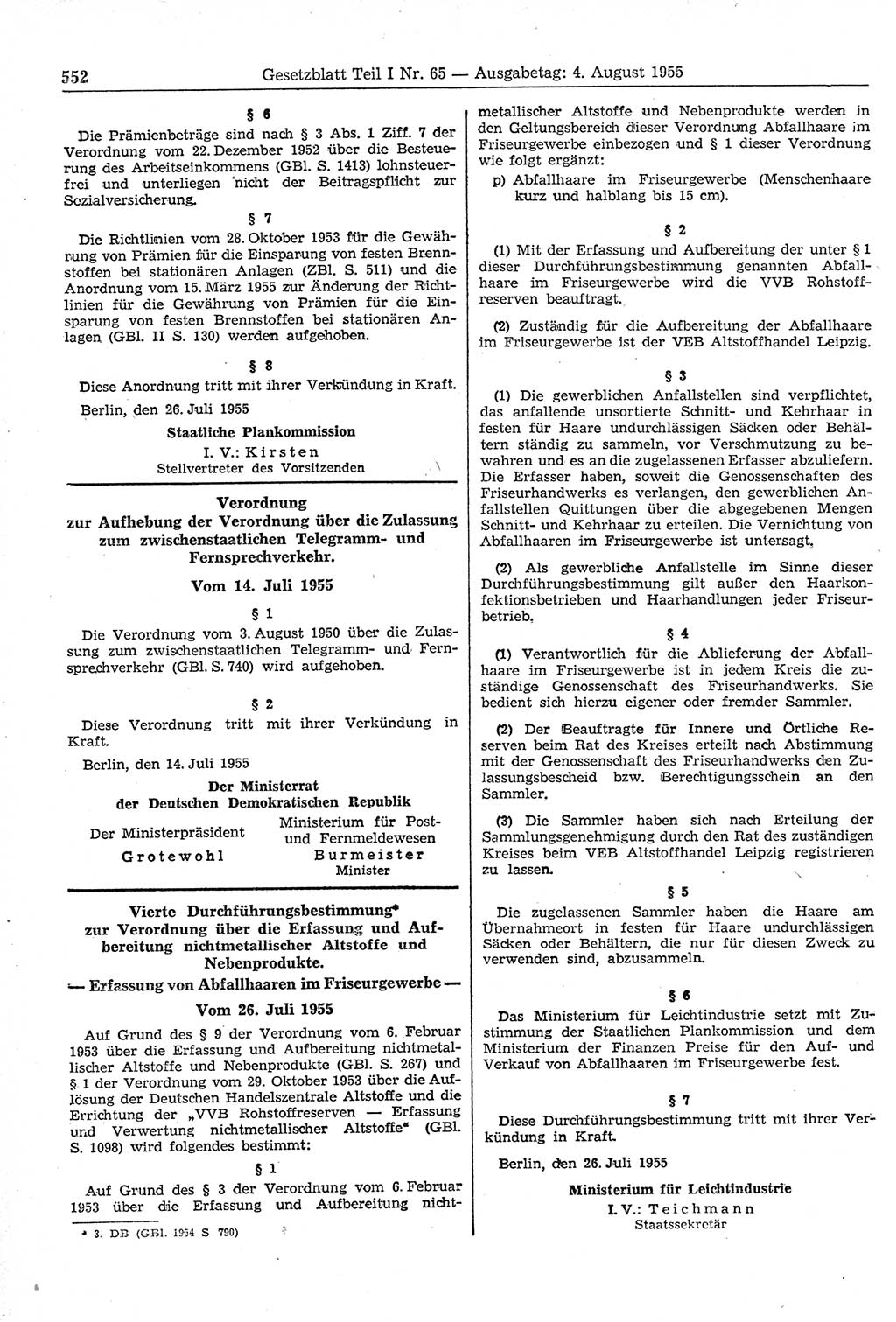 Gesetzblatt (GBl.) der Deutschen Demokratischen Republik (DDR) Teil Ⅰ 1955, Seite 552 (GBl. DDR Ⅰ 1955, S. 552)